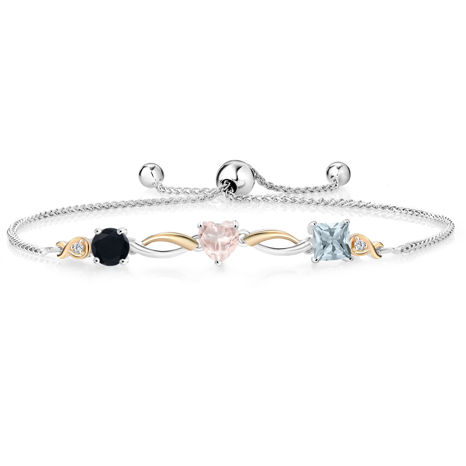 1.69 Ct Round Black Onyx & Rose Quartz 925 Sterling Silver 10K Yellow Gold Lab Grown Diamond Bracelet for Women | Elegant Gemstone Jewelry Gift for Anniversary, Birthday & Special Occasions