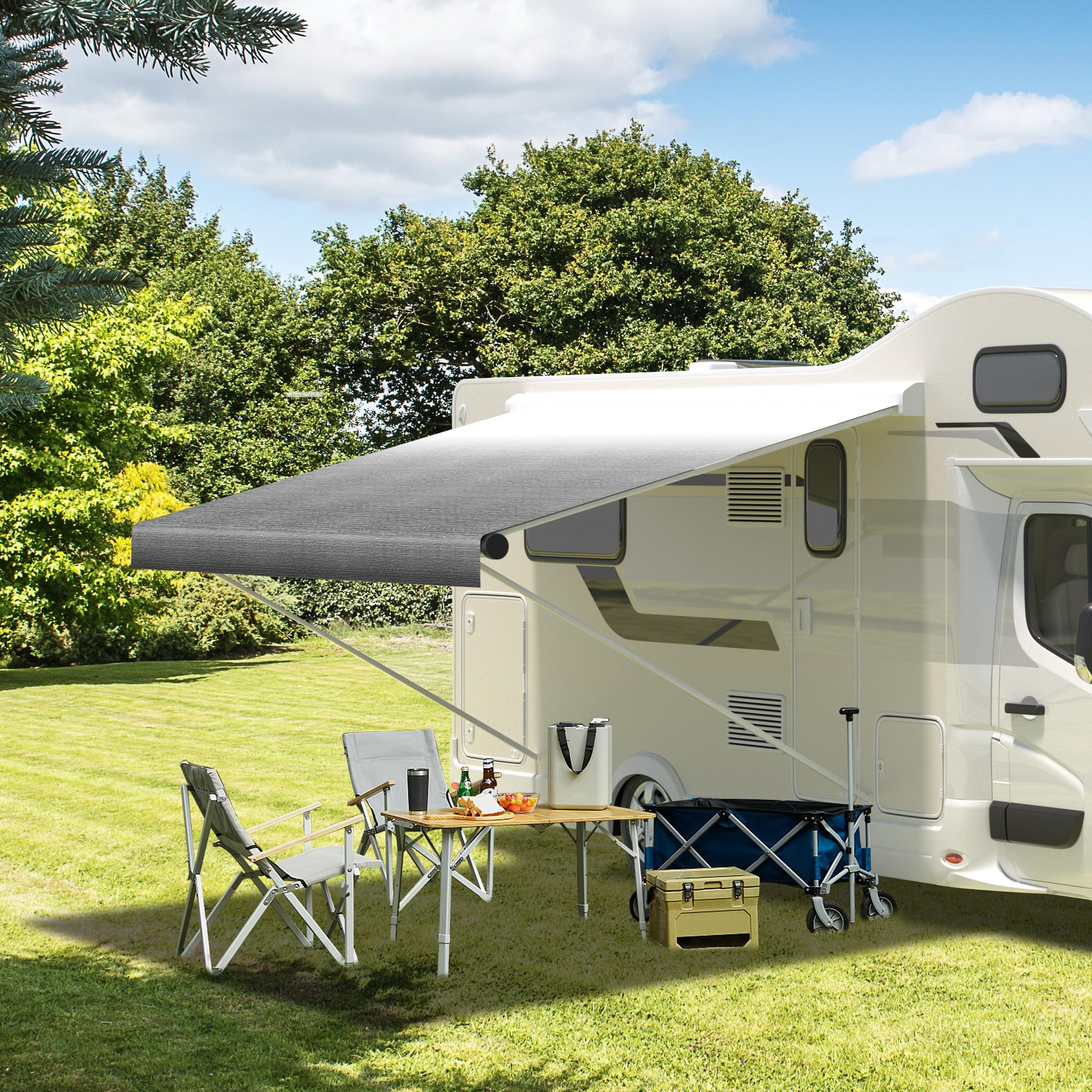 Richeer RV 15' Awning Replacement Fabric - UV Resistant & Weatherproof Universal Canopy for Camper Trailers & Motorhomes - Grey Gradient Single-Sided Print - Perfect for Outdoor Camping & RV Shelter