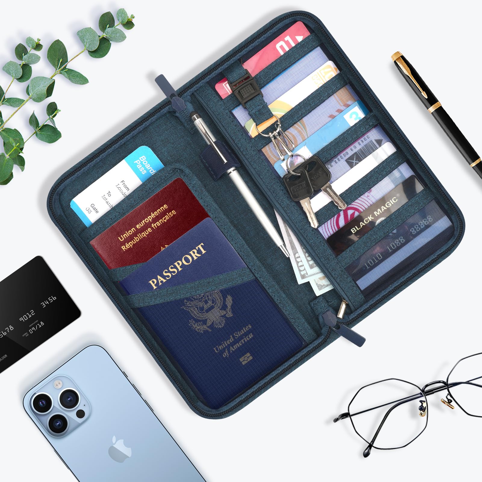 Skycase Family Travel Passport Holder - RFID Blocking Document Organizer for Credit Cards, Boarding Pass, ID, Cash, Tickets | Compact Clutch Bag for Airplane, Cruise & Vacation Essentials (Blue)