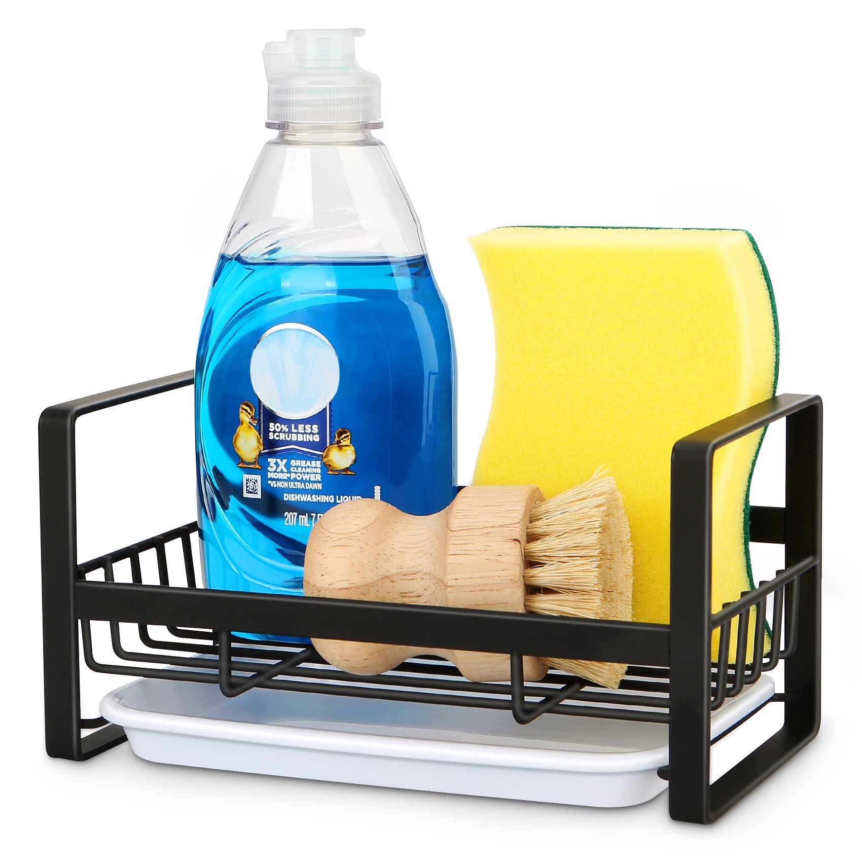 Black Kitchen Sink Caddy Organizer - Sponge & Dish Soap Holder with Drain Tray - Perfect for Kitchen Sink Organization & Countertop Storage