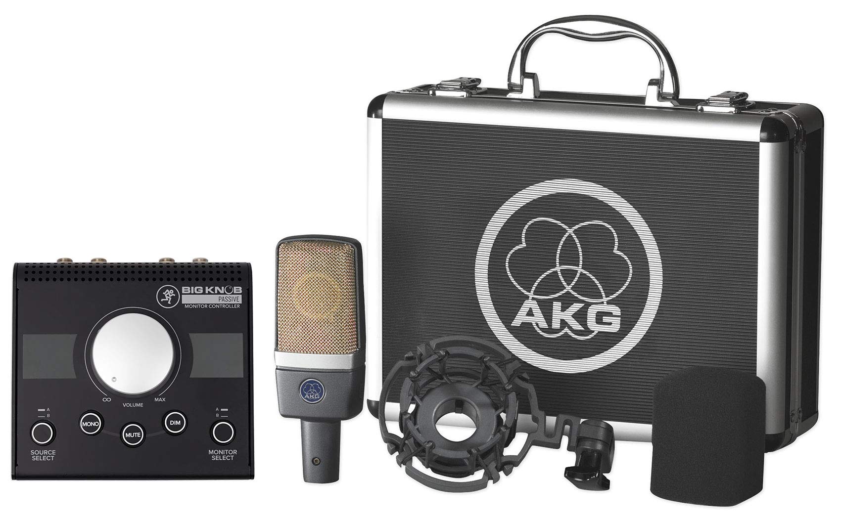 AKG C214 Professional Large-Diaphragm Studio Condenser Microphone with Mackie Big Knob Passive 2x2 Monitor Controller - Perfect for Home Recording, Podcasting & Music Production