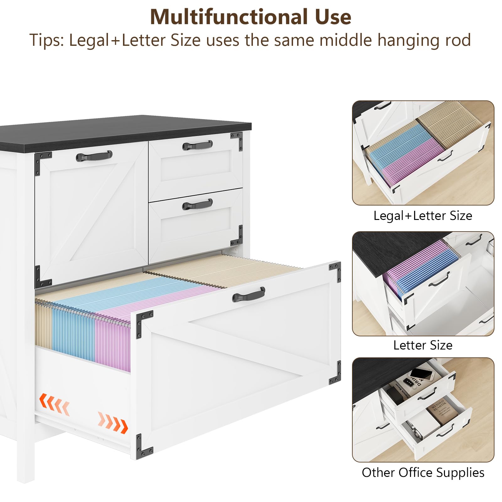 4-Drawer Farmhouse Lateral File Cabinet for Letter/Legal/A4 Files - Wooden Office Storage Cabinet with Hanging File System, Printer Stand for Home & Office (White/Black) - Perfect for Document Organization & Workspace Storage