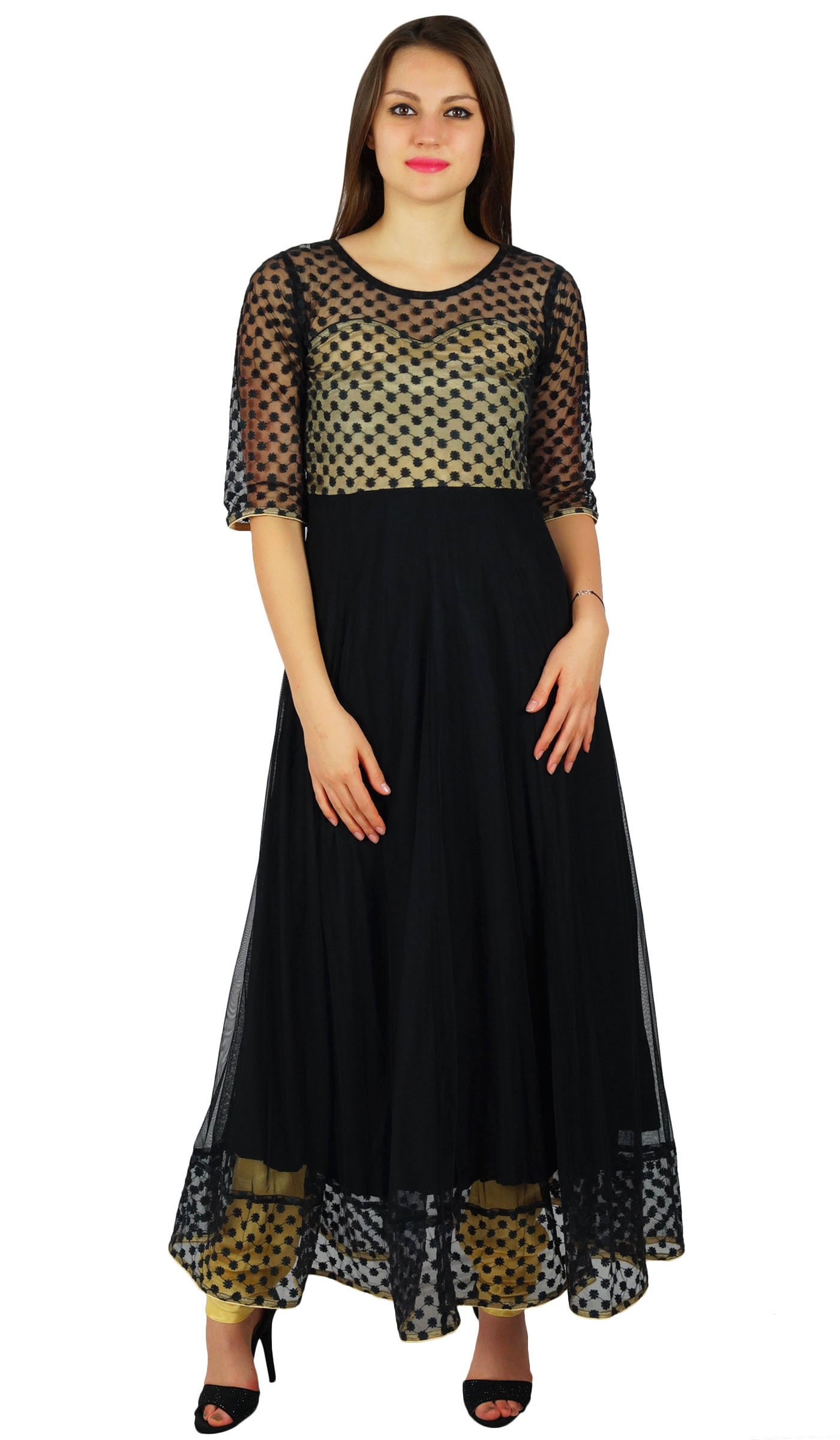 Bimba Women's Black Net Anarkali Kurta Kurti - Long Formal Party Dress Indian Ethnic Wear for Weddings, Festivals & Special Occasions