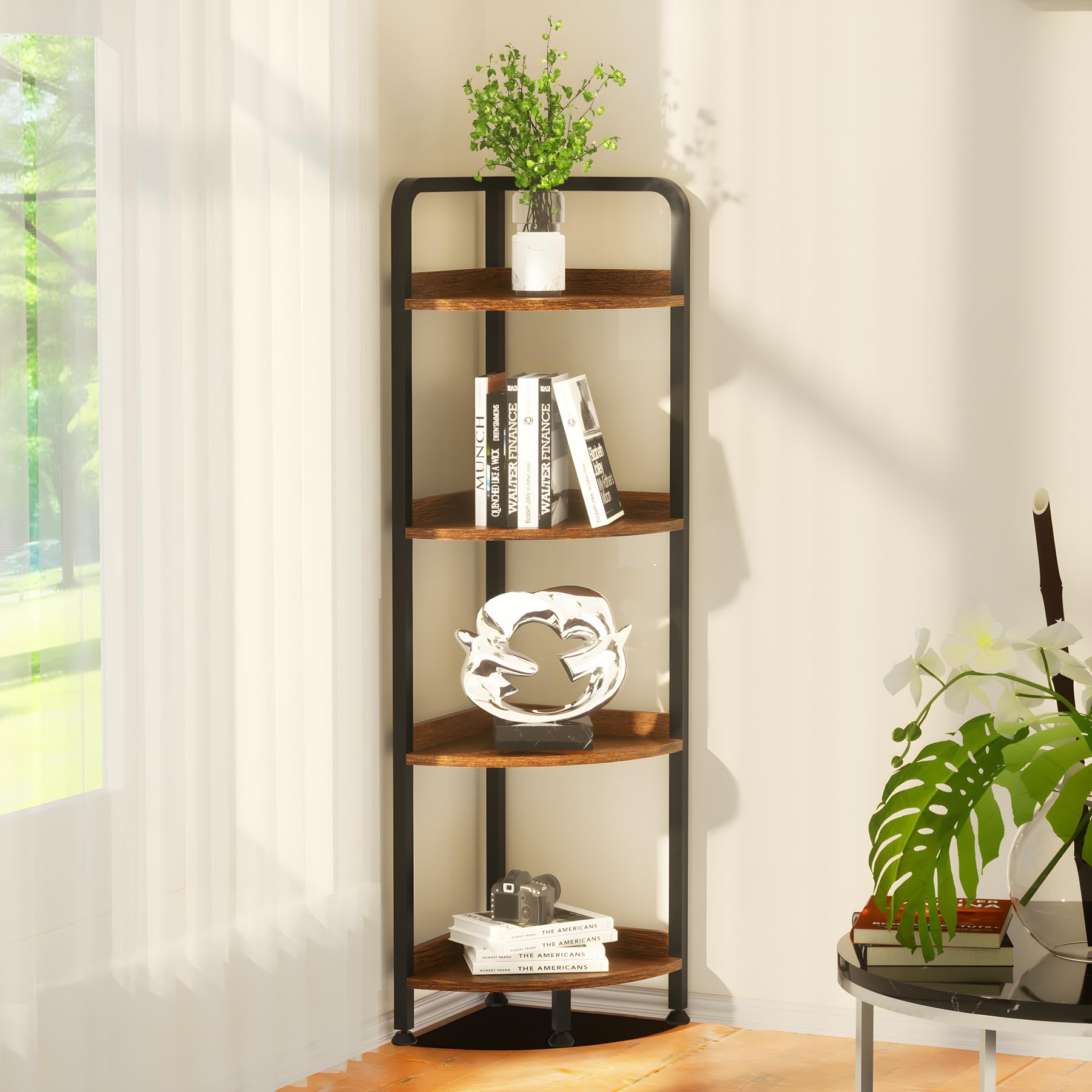 4-Tier Corner Shelf Stand - Rustic Brown Metal Frame Multi-Purpose Display & Storage Unit for Books, Plants & Decor | Perfect for Living Room, Home Office & Small Spaces