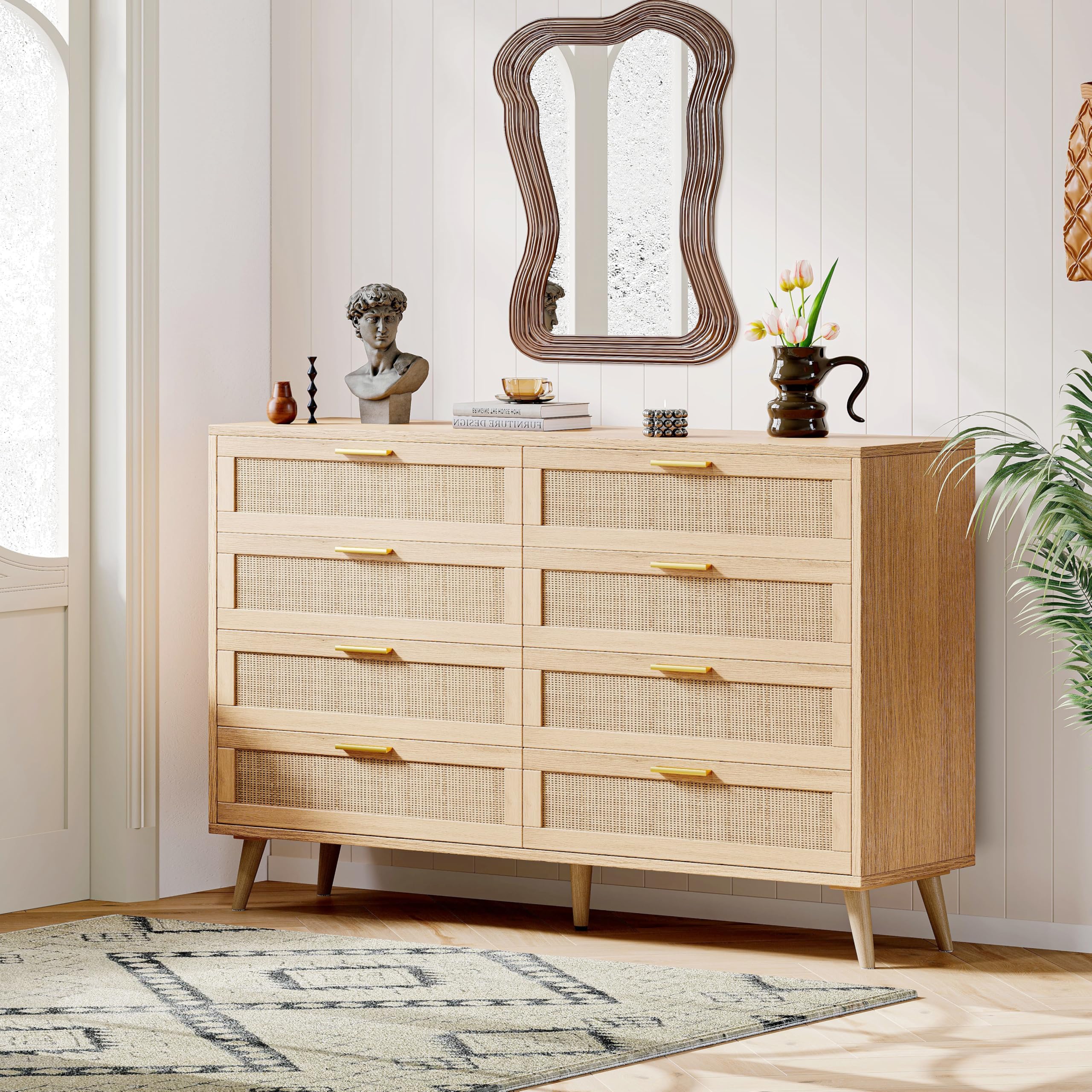 Rovaurx 8-Drawer Double Dresser - Modern Rattan Wooden Chest with Gold Handles for Bedroom, Living Room & Entryway - Stylish Storage Solution for Clothes, Linens & Home Organization