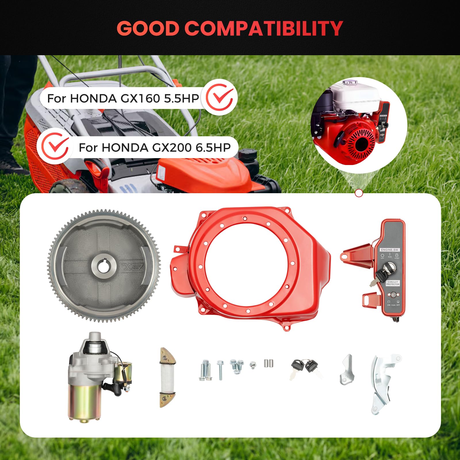 Honda GX160 GX200 5.5HP 6.5HP Electric Start Conversion Kit with Starter Motor, Flywheel, Charging Coil & Key Switch - Perfect for Small Engine Repair, Lawn Mowers, Pressure Washers & Generators