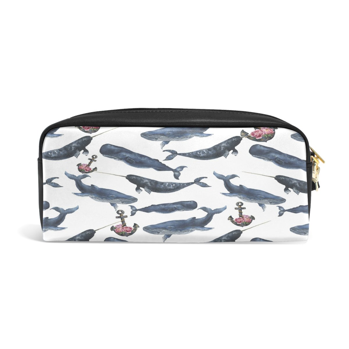 ALAZA Watercolor Anchor Whale PU Leather Pencil Case - Cute School Supplies for Students, Travel Makeup Bag, Cosmetic Organizer & Stationery Pouch - Perfect for Backpack, Office & College Essentials