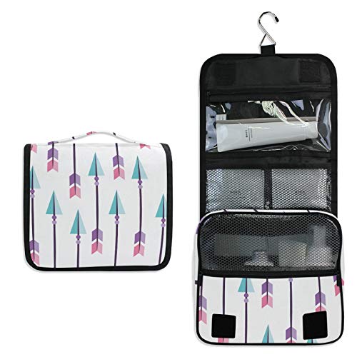 Boho Style Multicolored Arrows Women's Travel Cosmetic Bag - Hanging Toiletry Wash Bag & Makeup Organizer with Hook - Portable Brush Case for Bathroom, Toilet, Gym & Vacation Essentials Storage