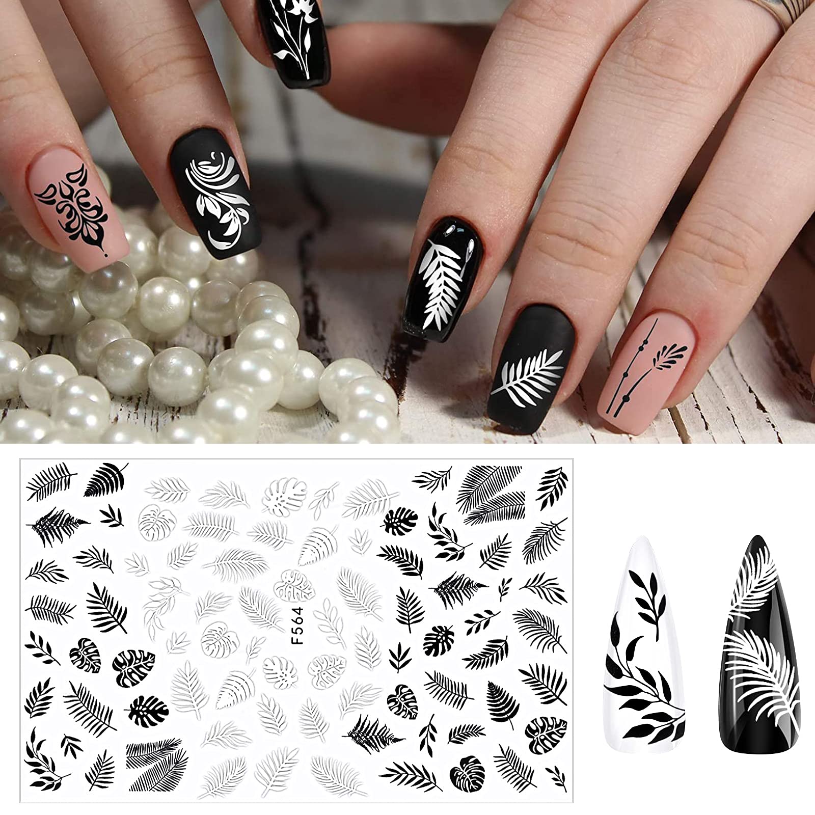 MWOOT 9 Sheets Black White Nail Stickers - 3D Self-Adhesive Nail Art Decals with Maple Leaf, Flower & Retro Pink Vine Designs for DIY Manicure, Nail Salon & Home Nail Decoration