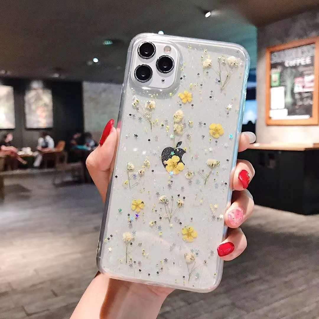YTanazing Real Flower Glitter Floral iPhone 12 Pro Max Case - Slim Shockproof Flexible Clear TPU Back Cover for 6.7 inch (Yellow Flowers) | Perfect for Daily Use, Gift Giving & Spring Fashion