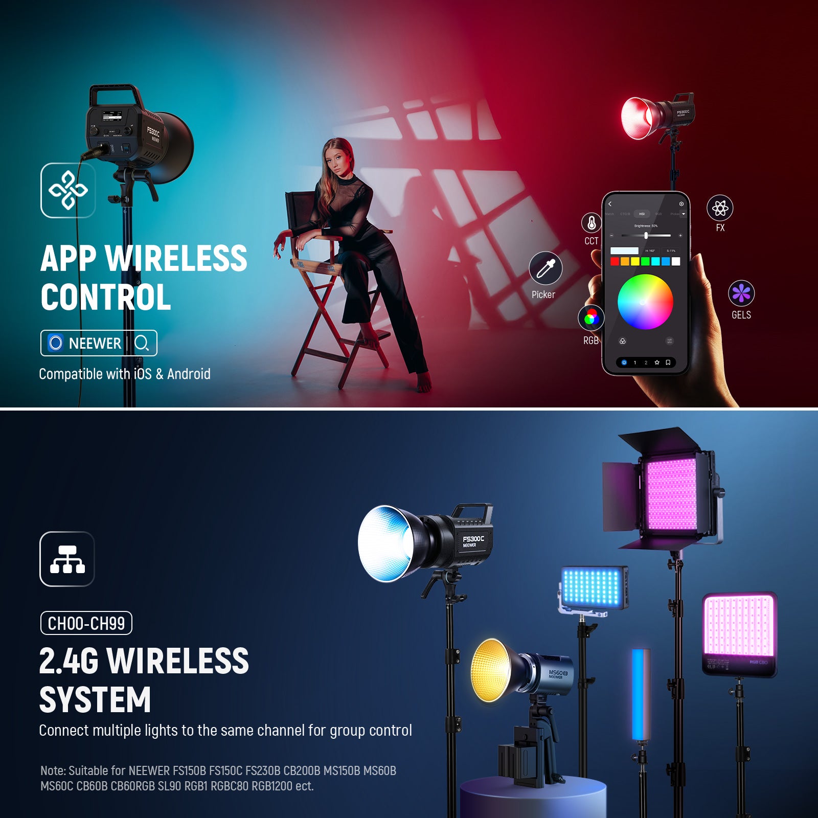 NEEWER FS300C 300W RGB LED Video Light - Professional Studio Lighting for Photography, YouTube Videos & Live Streaming - Perfect for Content Creators, Vloggers & Filmmakers