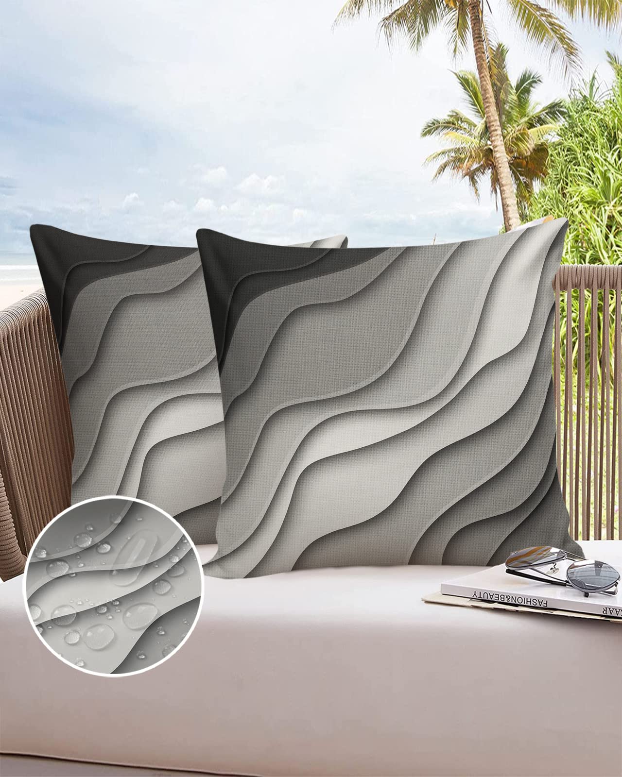 Waterproof Outdoor Throw Pillow Covers Set of 2 - 20x20 Inch Gray Modern Geometric Lumbar Pillowcases for Patio Furniture, Couch & Garden Decor - Weather-Resistant Abstract Beach Design for Outdoor/Indoor Use