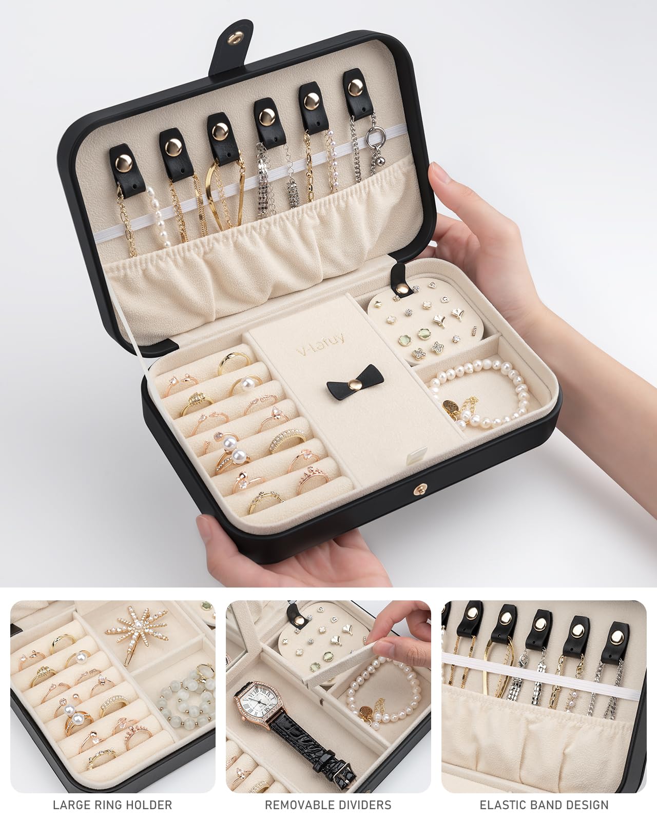 2-Layer Travel Jewelry Organizer Box for Women - Portable Mini Jewelry Case with Storage Compartments | Perfect Jewelry Gift for Women & Girls | Great for Travel, Home Storage & Daily Use - Black