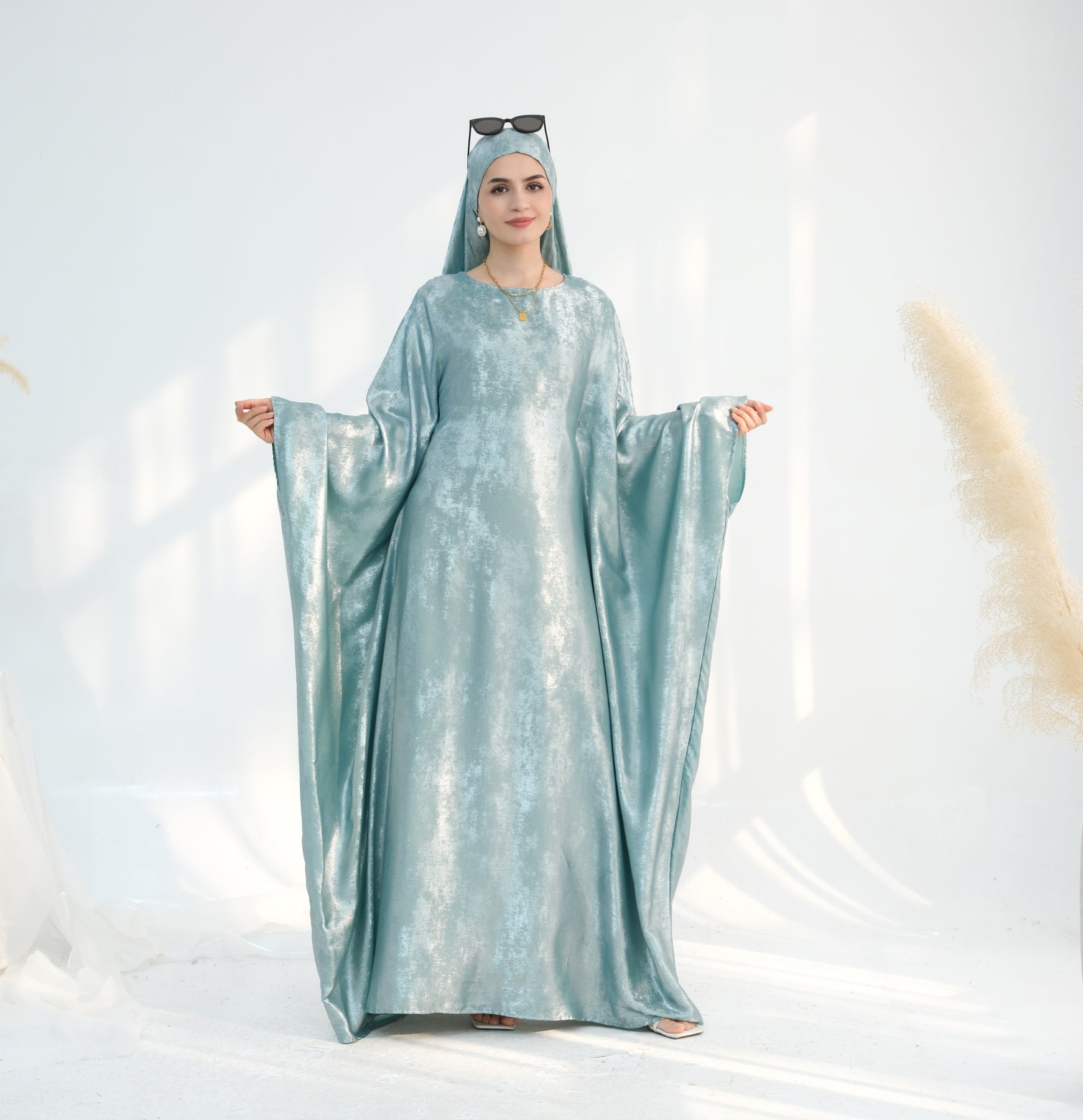 Linora Shimmer Butterfly Abaya - Elegant Mint Green Islamic Dress for Women | Perfect for Eid, Prayer & Special Occasions