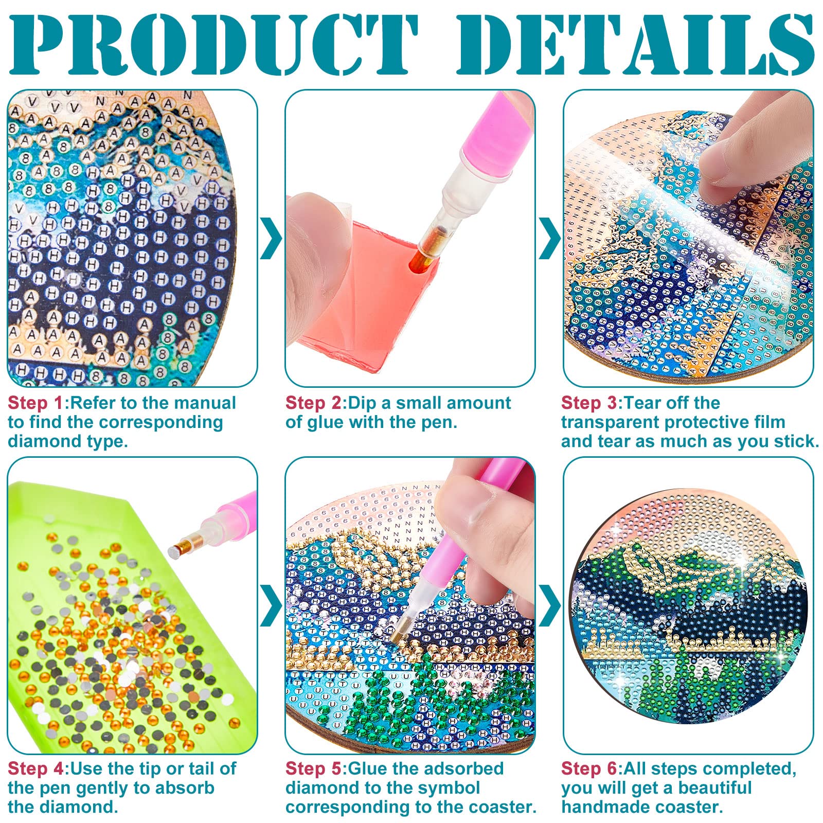 8 Pcs DIY 5D Diamond Painting Coasters Kit - Landscape Design Shining Drink Coasters with Holder, Arts and Crafts for Adults Beginners, Perfect for Party Decor, Birthday Gifts & Home Tableware Protection