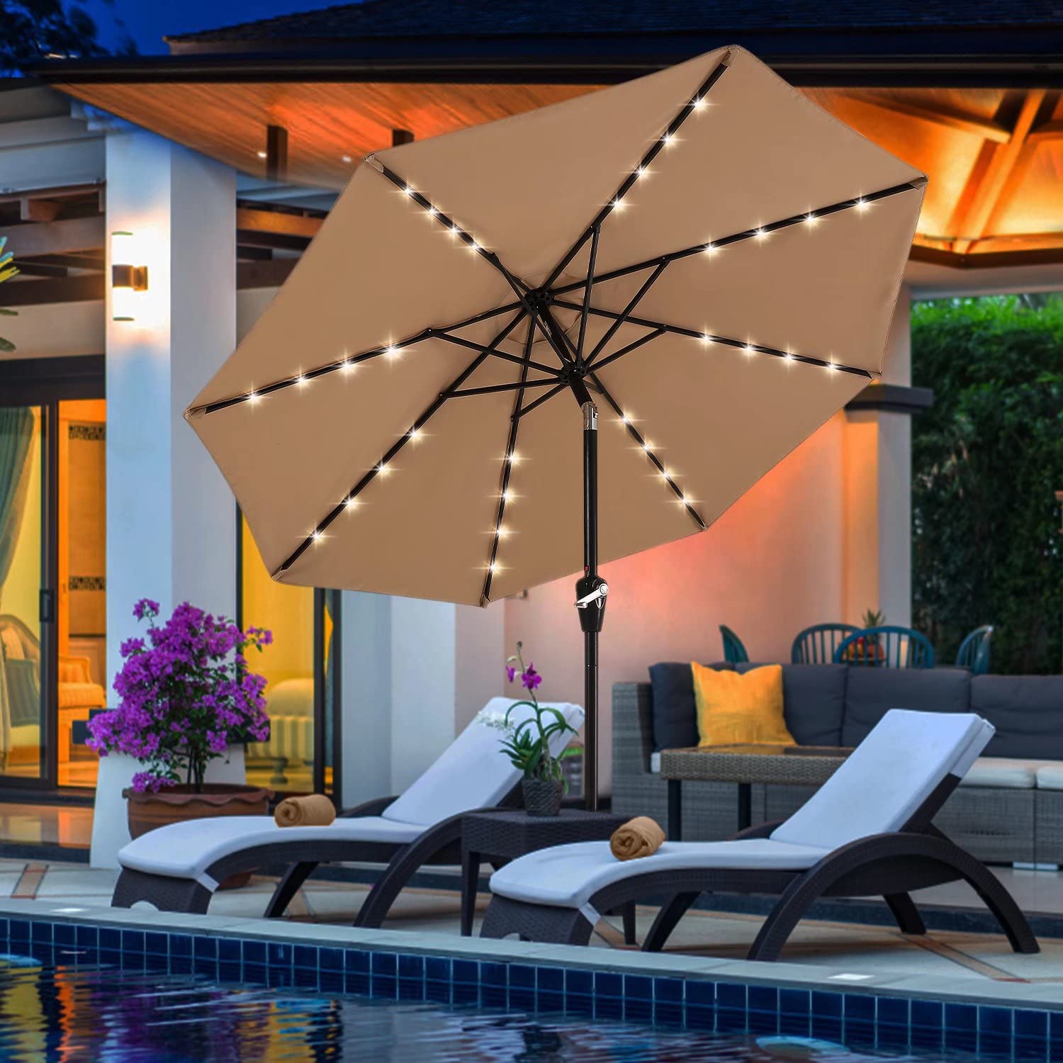 ABCCANOPY 11FT Solar LED Patio Umbrella with 32 Lights - Durable Outdoor Shade Umbrella for Garden, Poolside & Backyard (Khaki) | Weather-Resistant & Auto On/Off for Evening Gatherings
