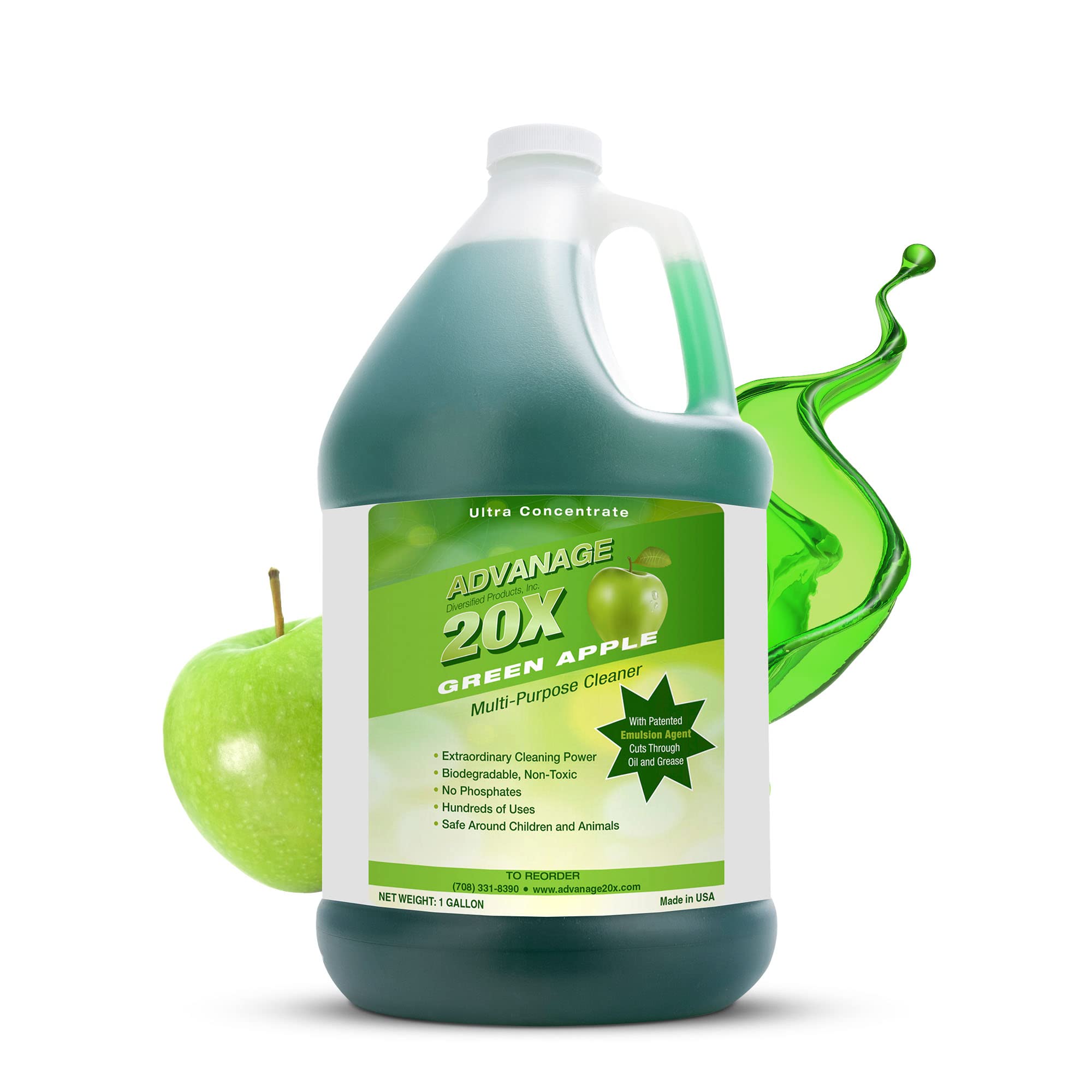 Advanage 20X All-Purpose Cleaner Concentrate - Green Apple Scent, Multi-Surface Household Cleaner for Kitchen, Bathroom & Floors | Removes Oil, Grease & Stains | 128oz Eco-Friendly Cleaning Solution for Home & Office Use