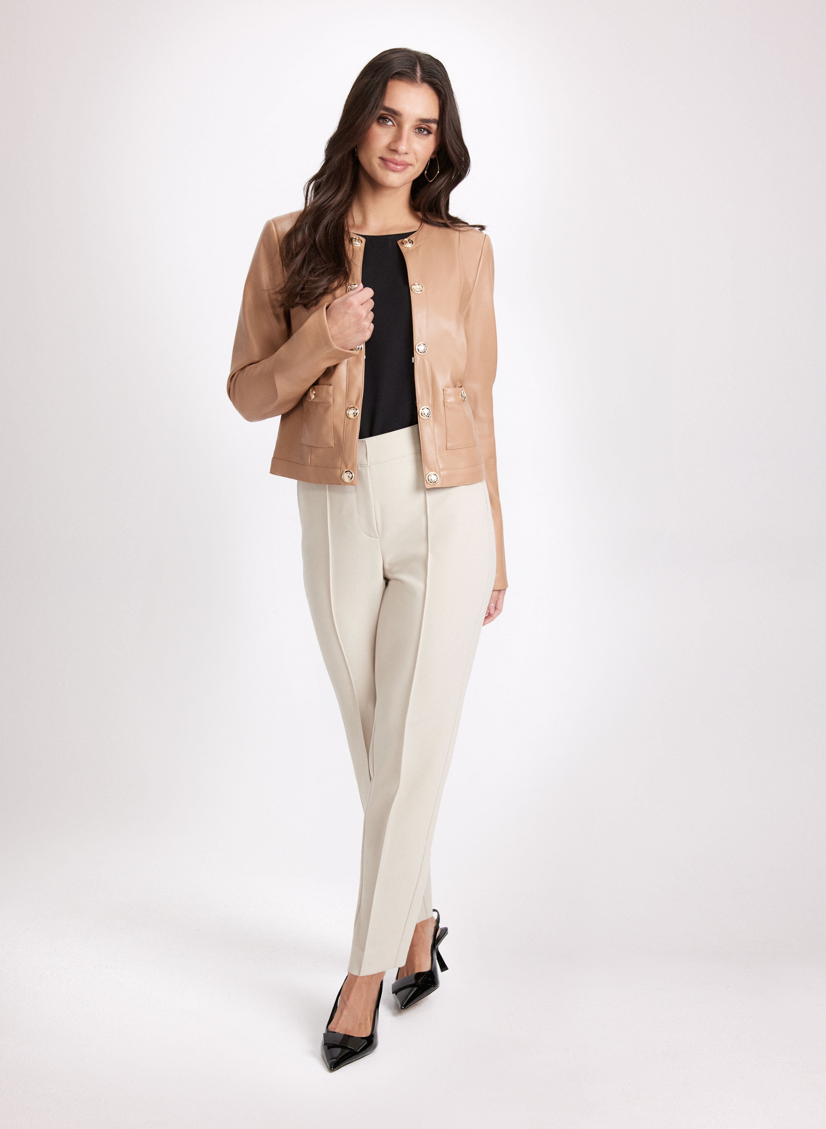 Stylish Vegan Leather Jacket with Button Front & Slim Leg Pants Set - Perfect for Office Wear, Date Nights and Casual Outings