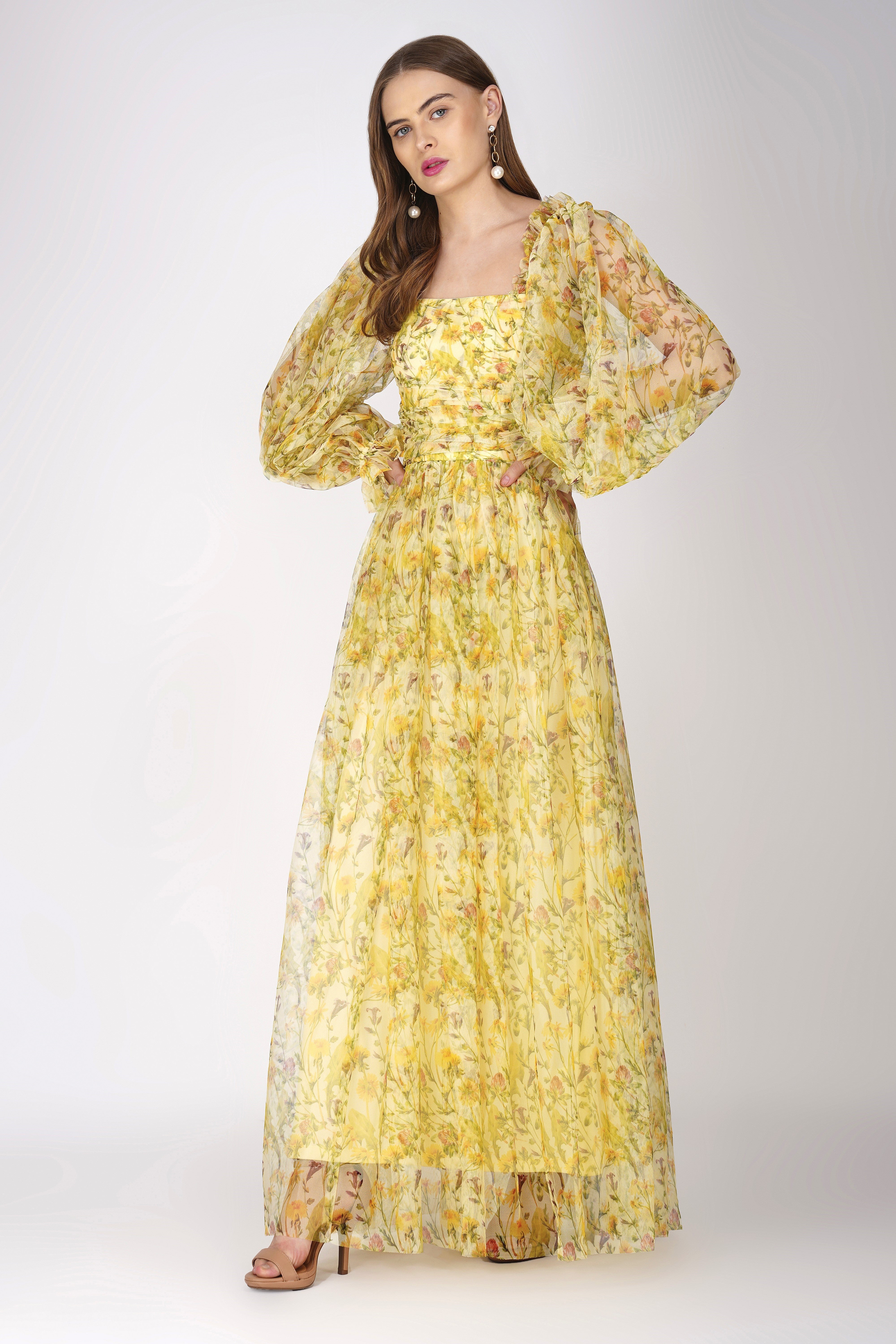 Lana Yellow Printed Tulle Maxi Dress - Flowy Summer Beach Dress for Women, Boho Chic Wedding Guest Outfit, Perfect for Vacations & Special Occasions