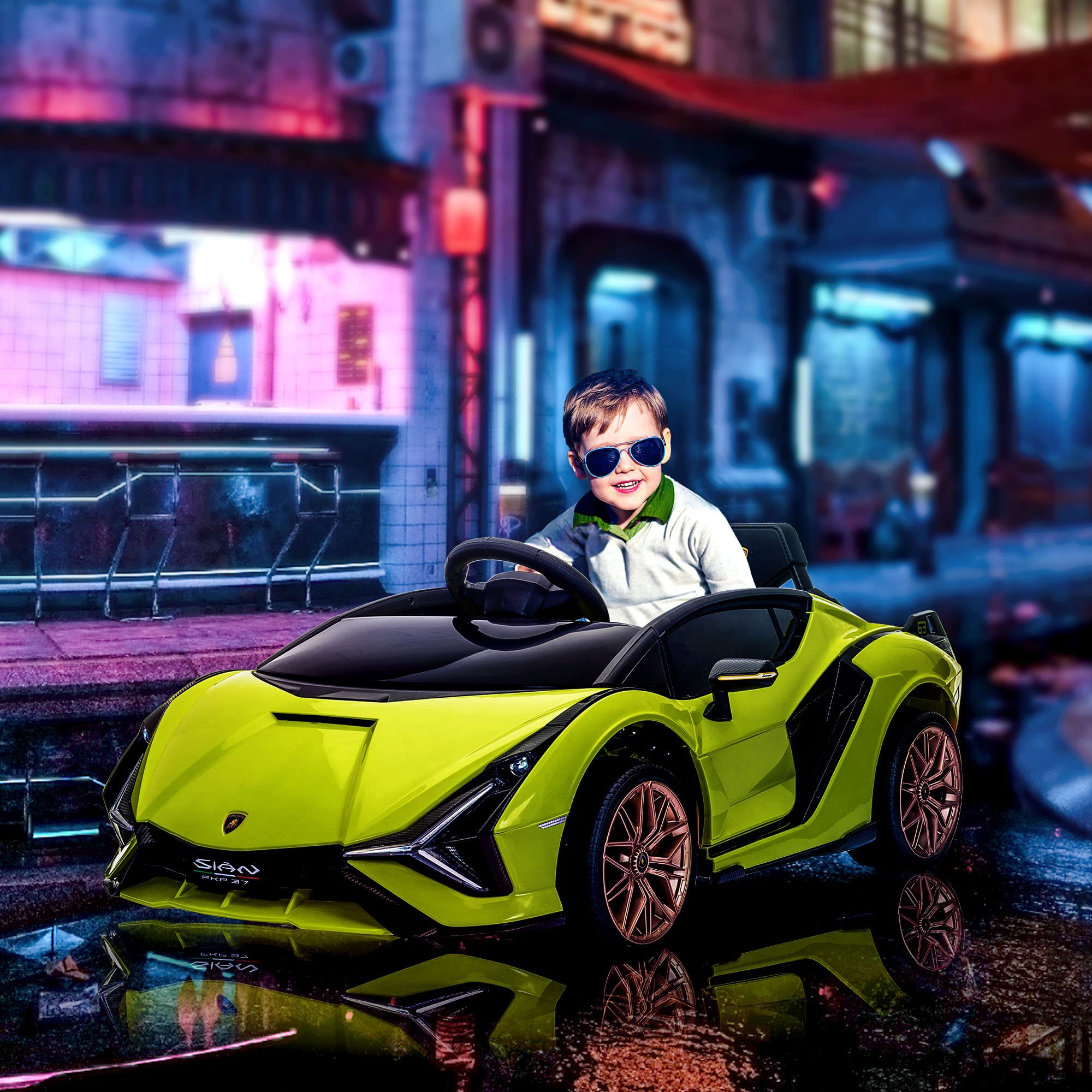 Lamborghini SIAN Licensed 12V Kids Electric Ride-On Car with Remote Control - Battery Powered Toy Vehicle with Horn, Music & LED Headlights - Perfect for Birthday Gifts & Outdoor Play (Green)