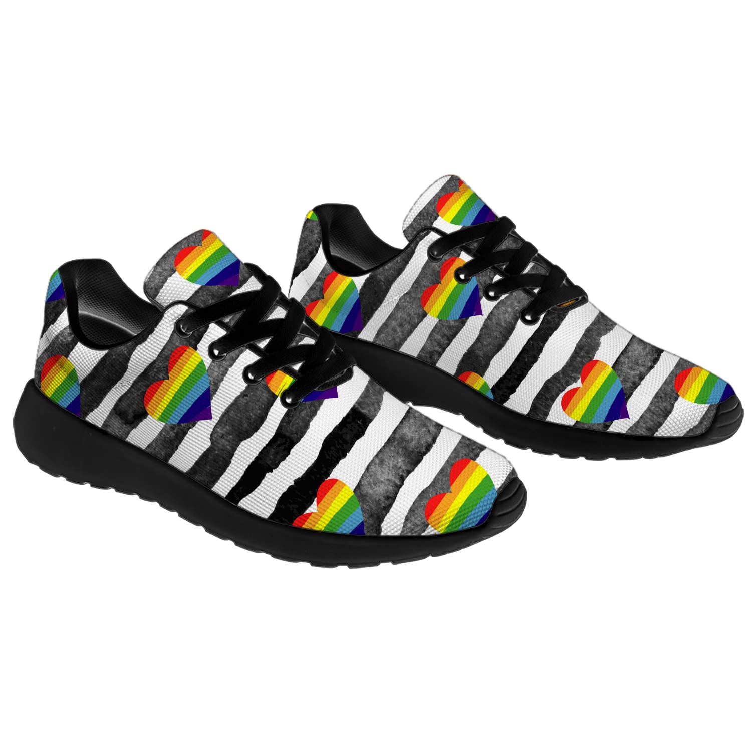 Rainbow LGBTQ Pride Running Shoes for Women & Men - Comfortable Walking Tennis Sneakers with Hearts & Stripes - Size 4 Men/6 Women in Black - Perfect for Pride Parades, Workouts & Casual Wear