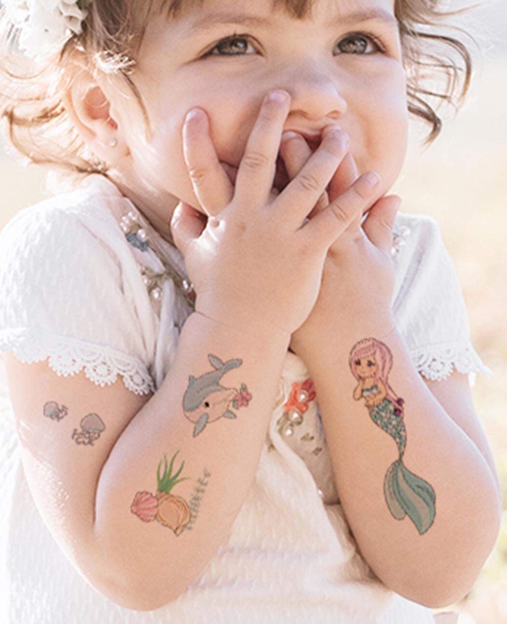 Mermaid Temporary Tattoos for Kids - 80 Assorted Fake Tattoo Designs for Girls Birthday Party Favors, Pool Party & Summer Beach Fun Accessories