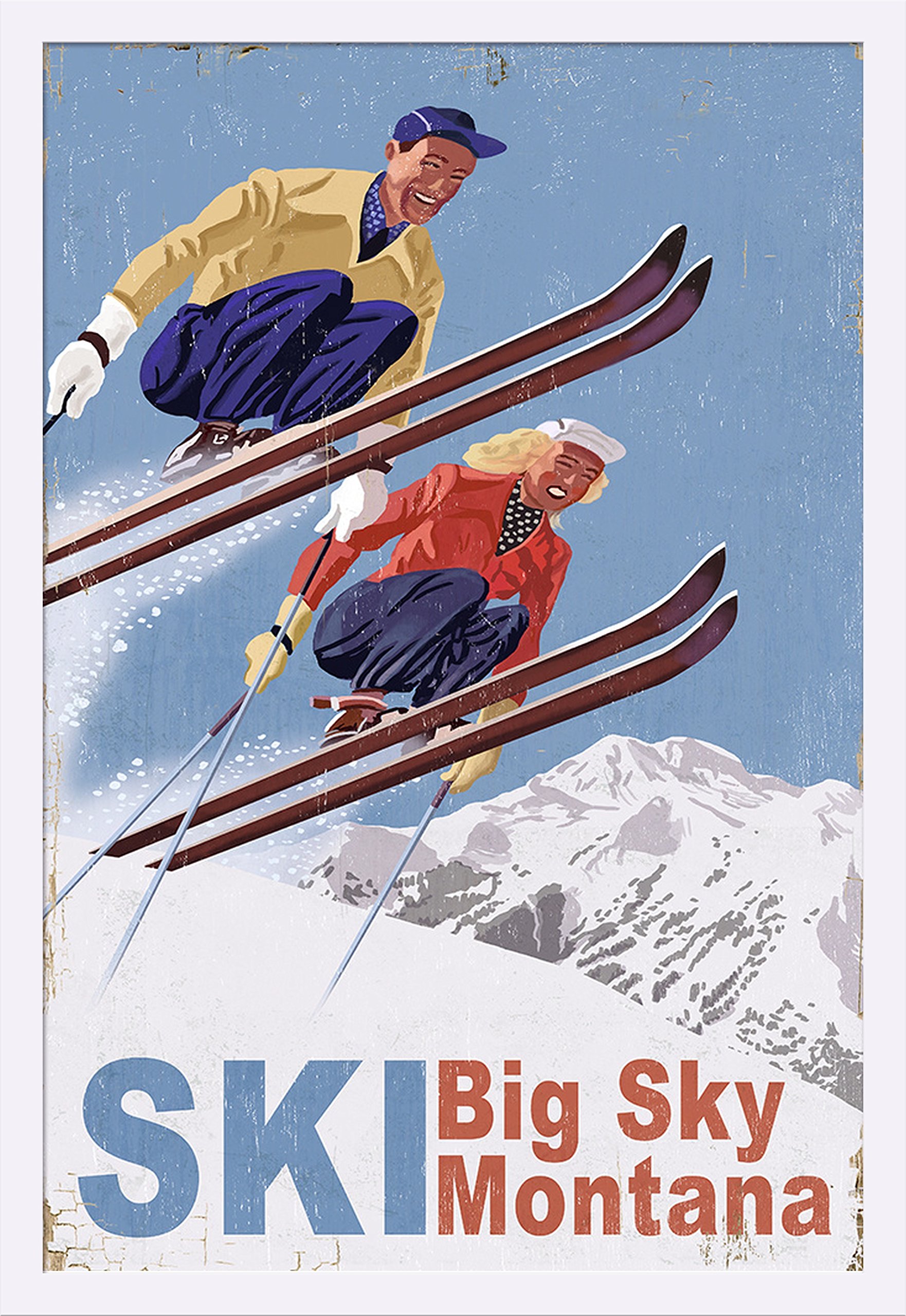 Vintage Skiers Big Sky Montana 84342 - 24x36 Giclee Art Print in White Wood Gallery Frame - Perfect for Ski Lodge Decor, Mountain Cabin Wall Art & Winter Sports Enthusiast Gifts