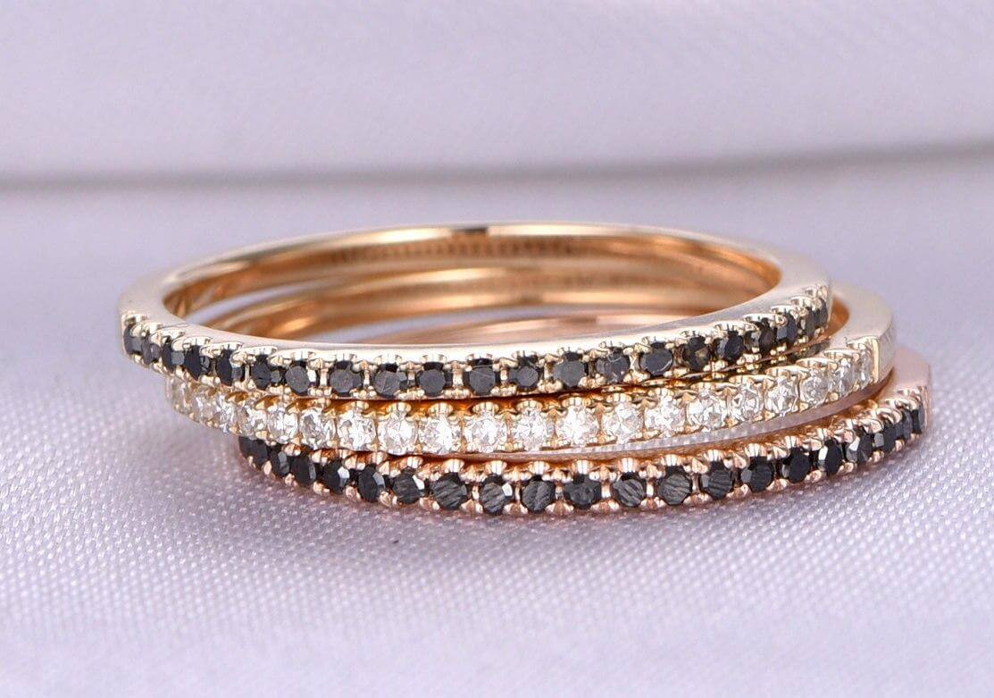 0.75 Carat 3-Piece Wedding Ring Set with Black & White Moissanite Diamonds in 18k Gold Plating - Perfect for Engagement, Anniversary & Bridal Jewelry Gifts