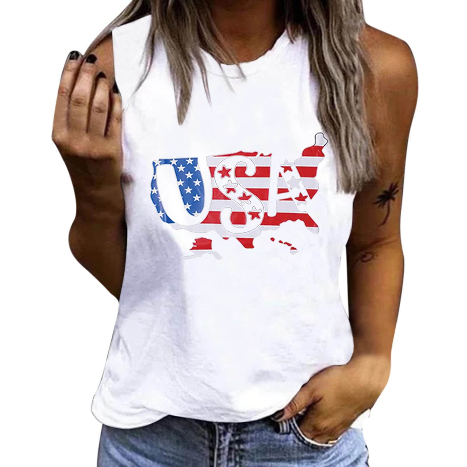 BEUU Women's Patriotic Floral Print Sleeveless Crew Neck T-Shirt Vest - 4th of July American Flag Summer Top for Independence Day Celebrations, Beach Outings & Casual Wear