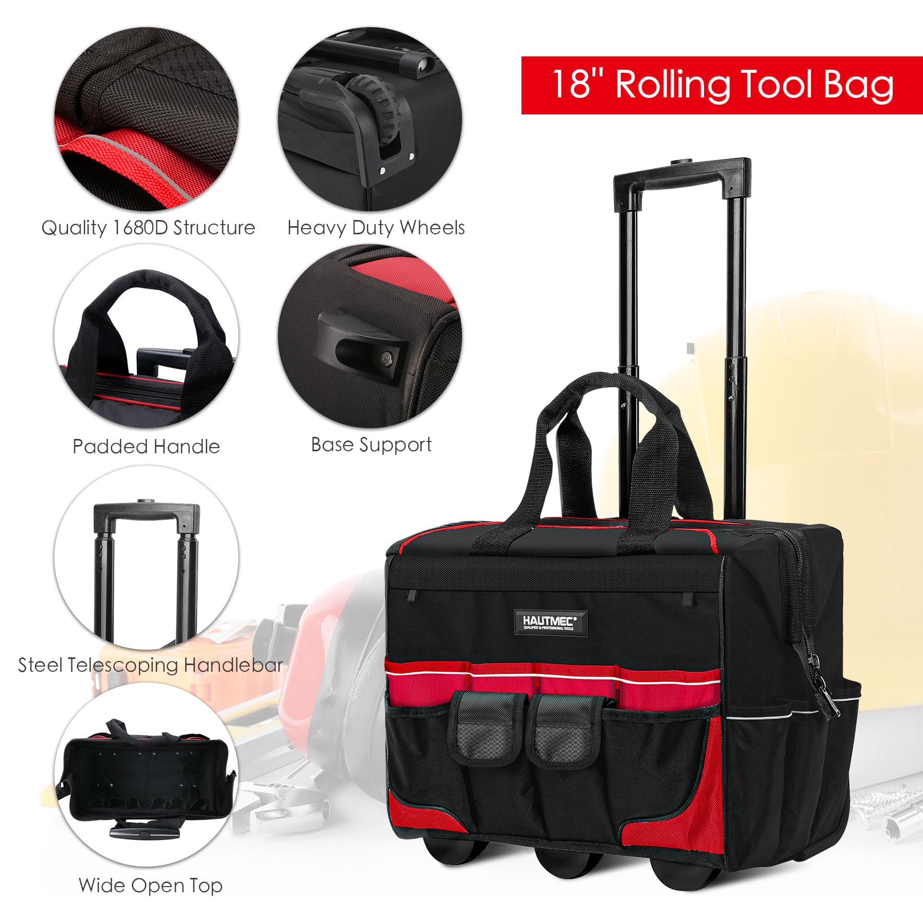 HAUTMEC 3-Piece Rolling Tool Bag Set – 18” Wheeled Tool Bag, 15” Electrician Tool Tote & 12” Wide Mouth Bag, 1680D Water-Resistant Heavy-Duty Portable Tool Storage Organizer – Perfect for Electricians, Contractors & DIY Home Improvement Projects – HT0287