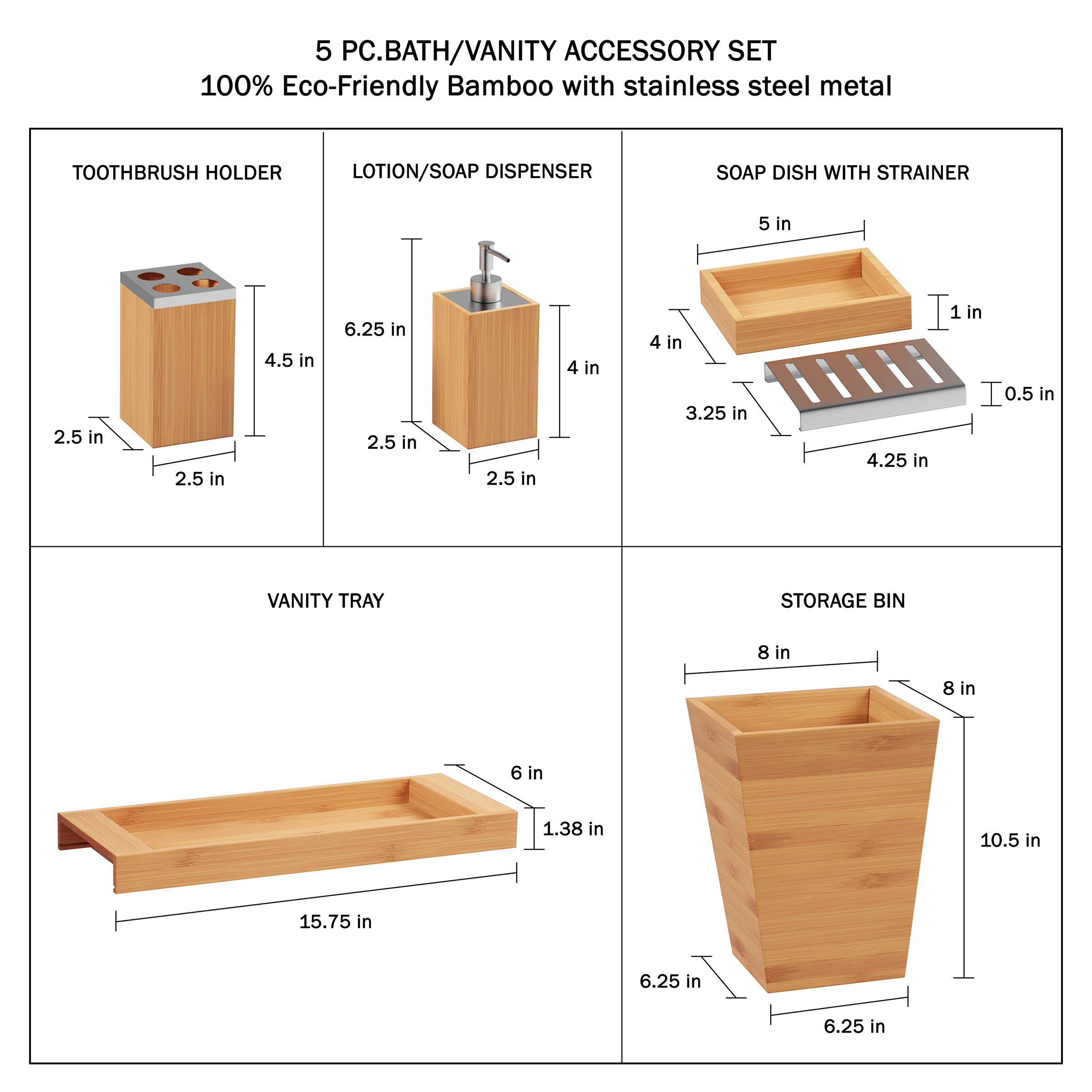 5-Piece Bamboo Bathroom Decor Set - Eco-Friendly Vanity Organizer with Waste Bin, Soap Dish, Dispenser & Toothbrush Holder by Lavish Home | Perfect for Spa-Style Bathrooms, Guest Suites & Modern Home Decor (Natural)