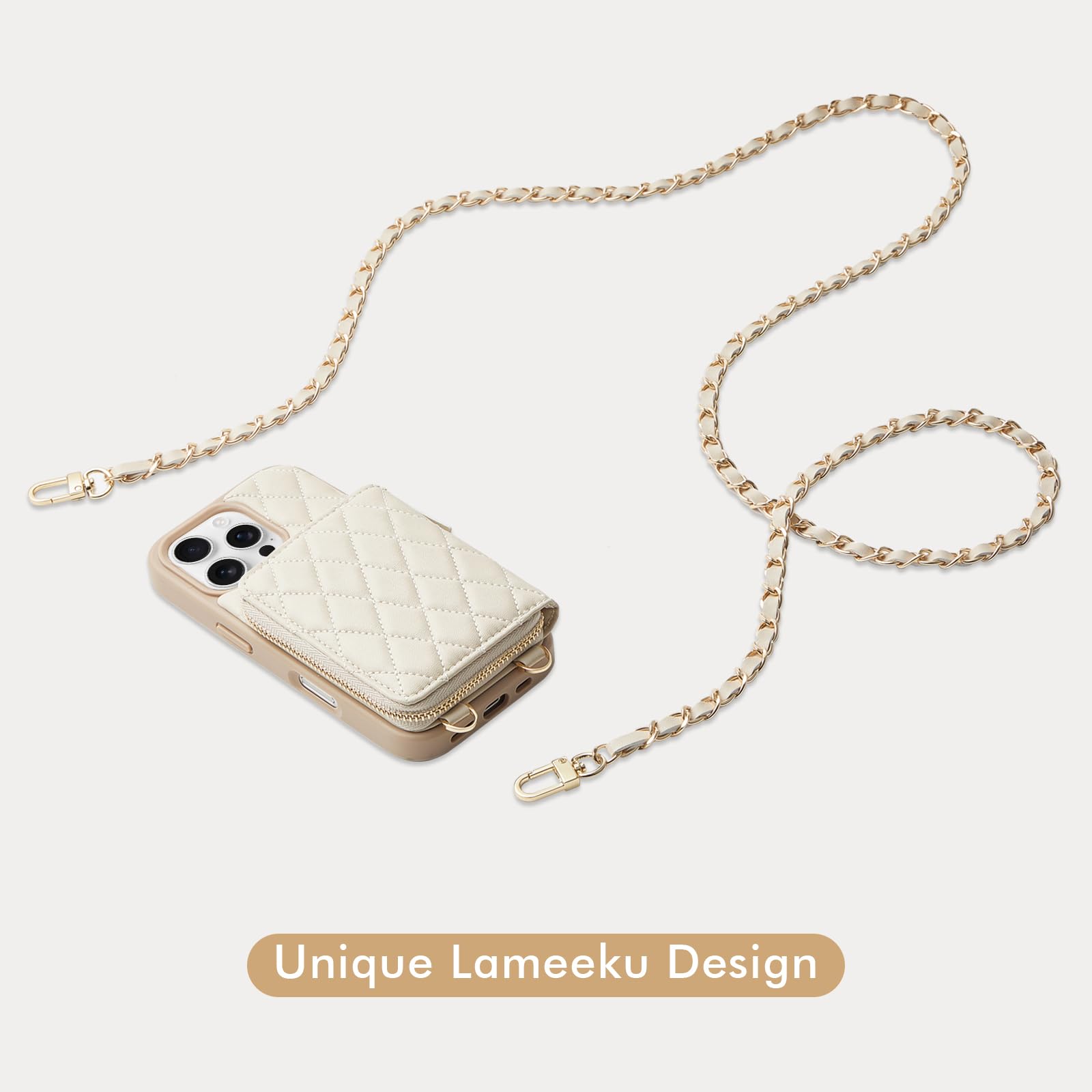 LAMEEKU iPhone 16 Pro Wallet Case with Card Holder - Quilted Leather Zipper Crossbody Phone Purse for Women (6.3 inch, Beige) | Perfect for Shopping, Travel & Everyday Use