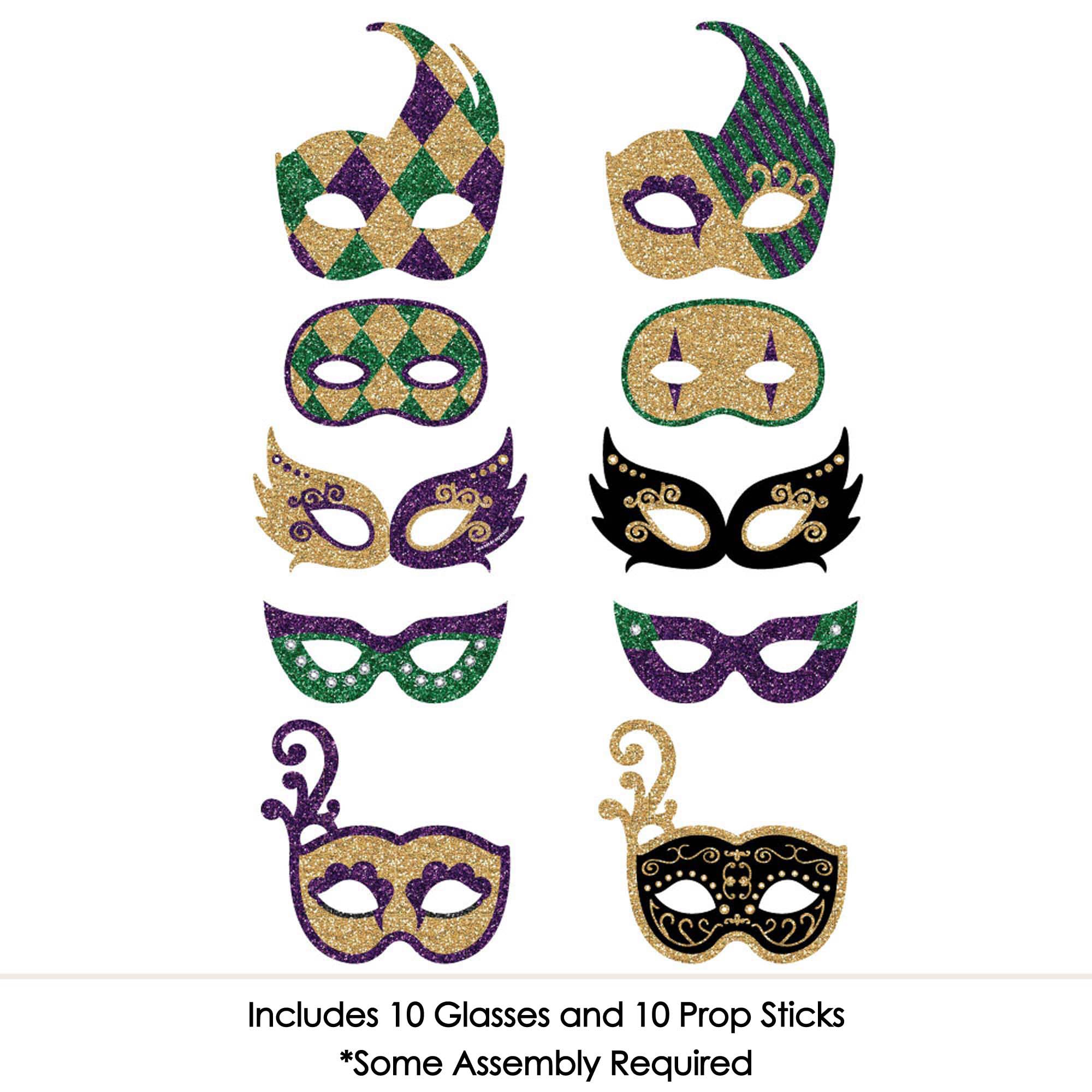 Big Dot of Happiness Mardi Gras Masks & Glasses - 10-Piece Paper Cardstock Masquerade Party Photo Booth Props Kit for Carnival, Halloween, and Costume Parties - Perfect for Festive Celebrations and Themed Events