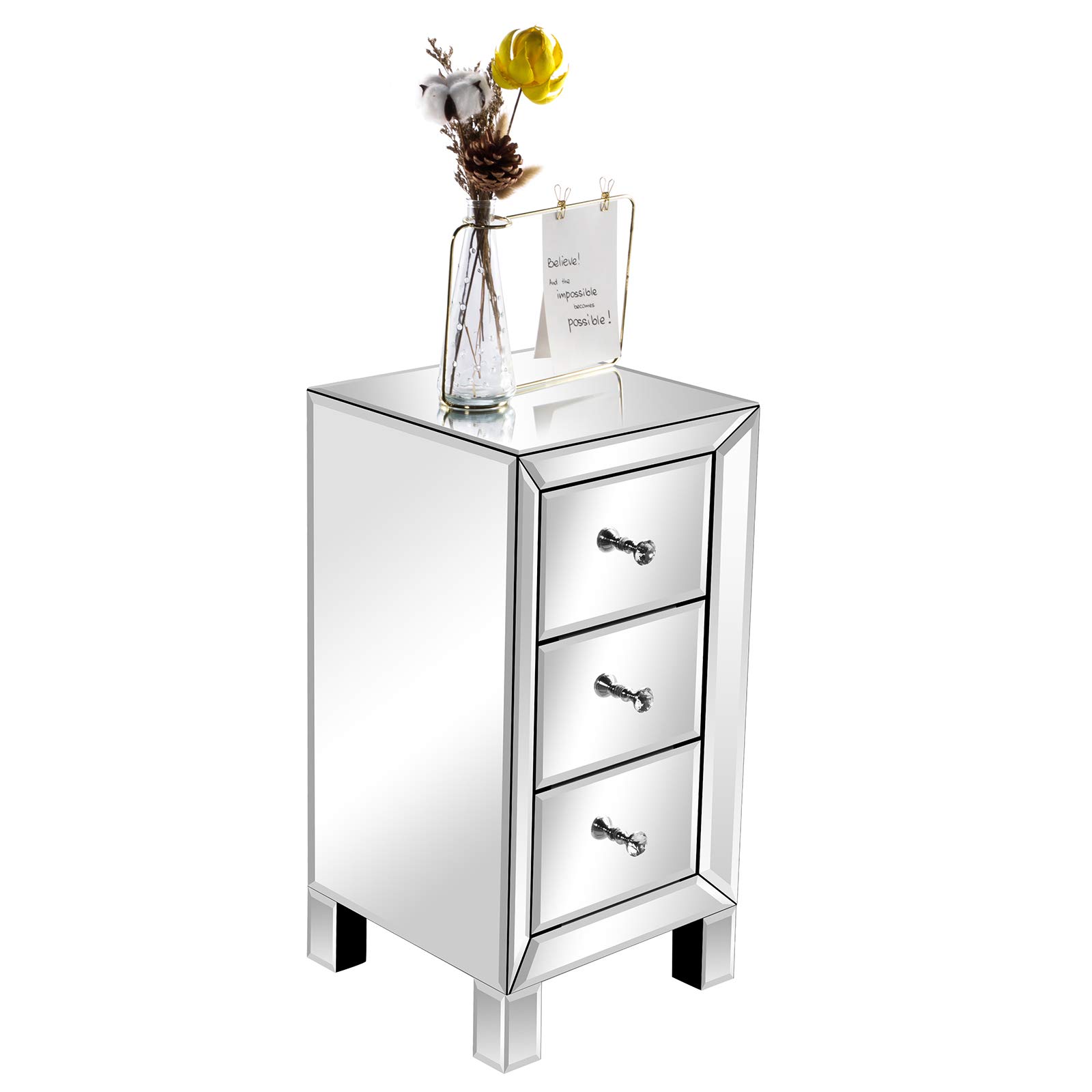Mirrored 3-Drawer Nightstand Accent Chest Cabinet Bedside Table - Silver Finish Modern Bedroom Furniture for Small Spaces | Perfect for Bedroom, Guest Room, Apartment & Dorm Decor
