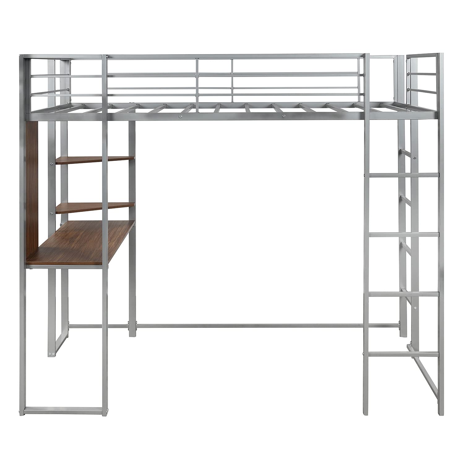 RUNNA Twin Metal Loft Bed for Kids & Teens with Built-in Desk & 2 Shelves - Space-Saving Silver Loft Bed for Small Rooms - Perfect for Dorms, Bedrooms & Studio Apartments