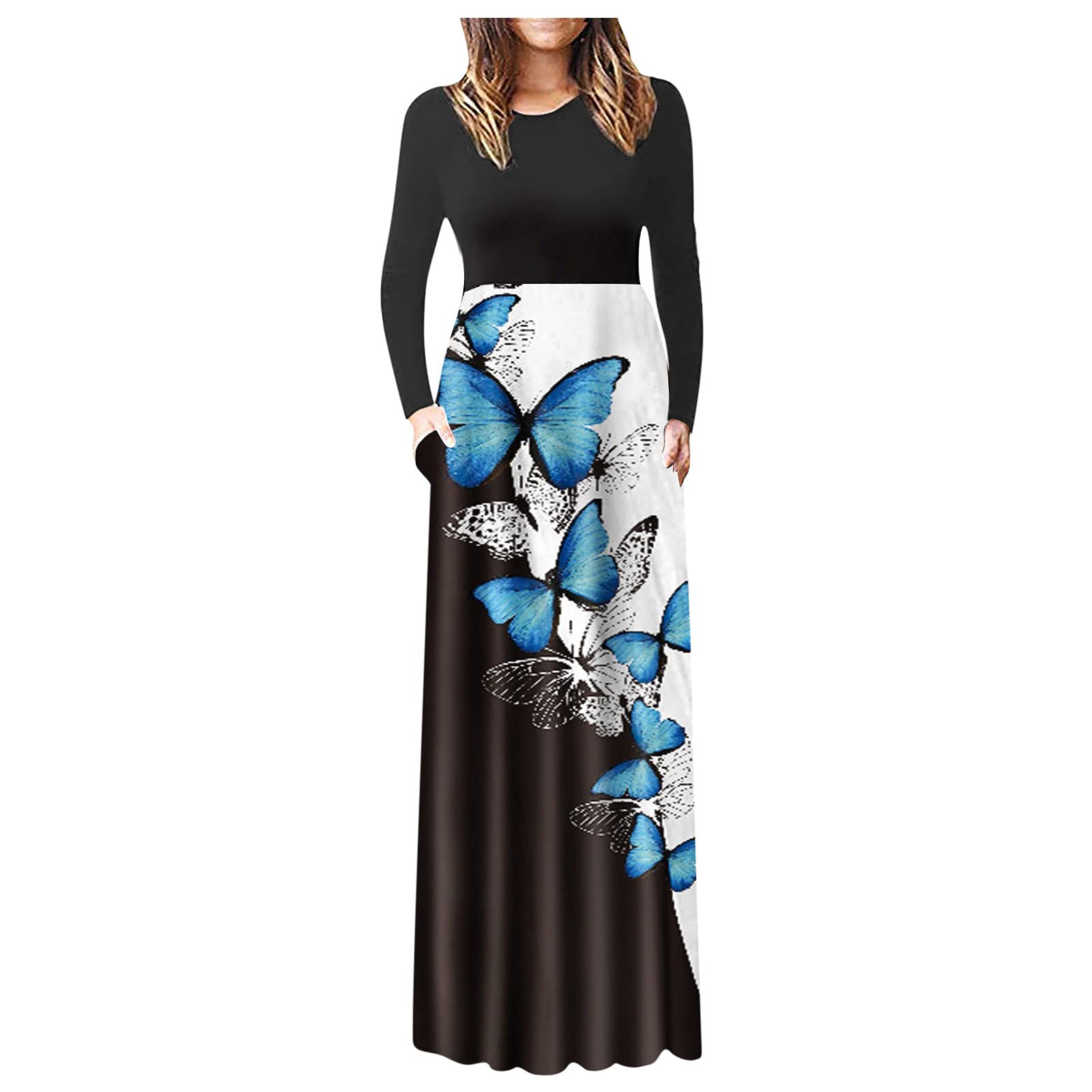 Plus Size Long Sleeve Maxi Dress - Vintage Crewneck Patchwork Butterfly Print Summer Sundress for Women | Wedding Guest Dress, Beach Cover Up & Casual Outfit