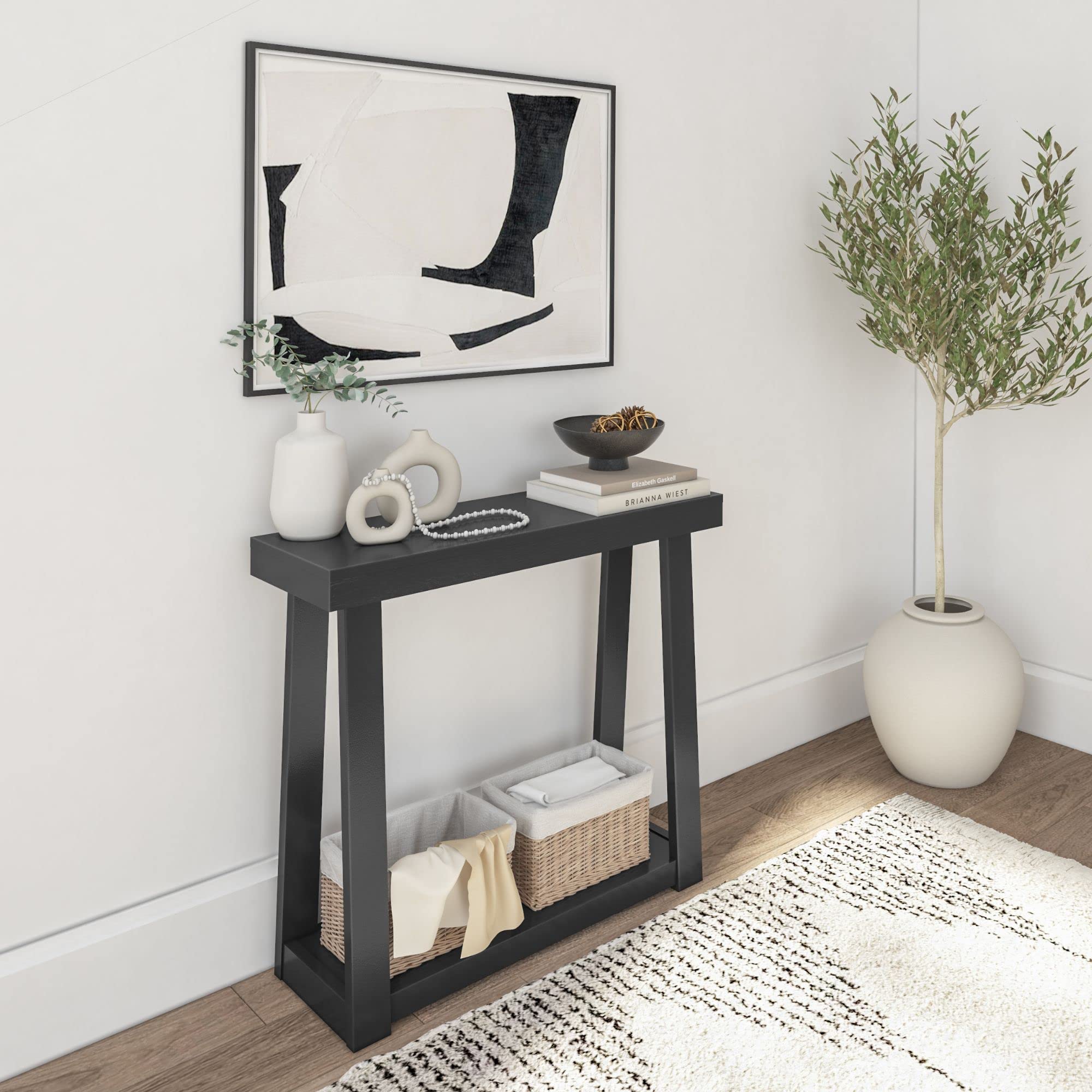 Solid Wood Console Table with Storage Shelf - 36 Inch Narrow Entryway Sofa Table for Hallway, Living Room & Foyer - Easy Assembly Black Wooden Hall Table (Perfect Behind Couch, Small Space Solution & Home Decor)