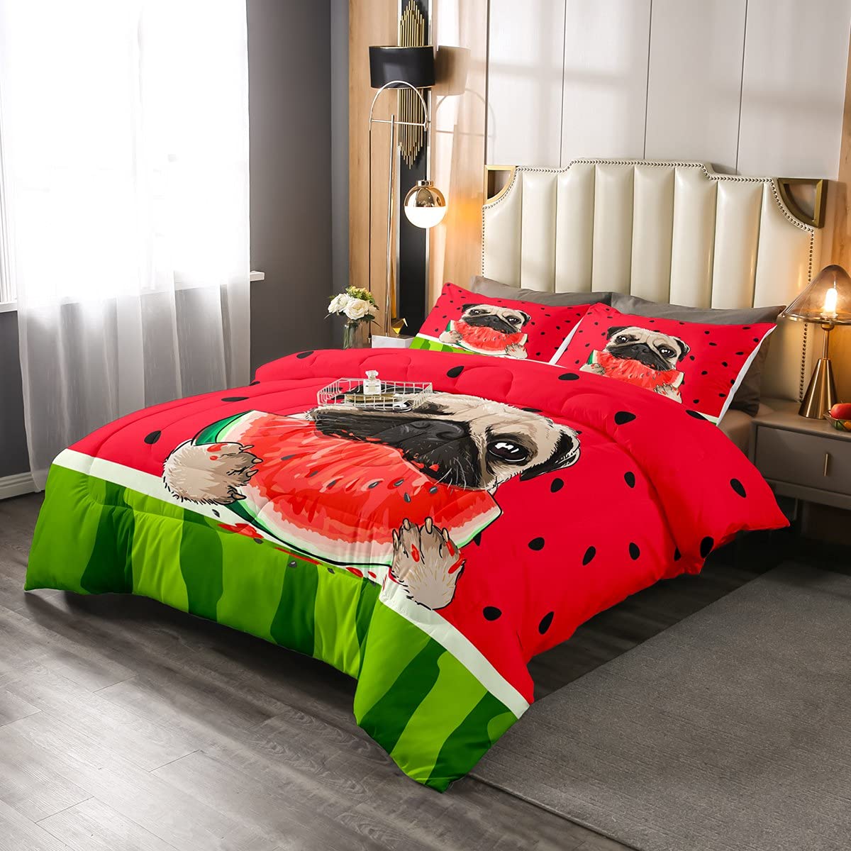 Red Watermelon Dog Comforter Set - Full Size Juicy Fruits Bedding with 1 Comforter & 2 Pillowcases | All Seasons Summer Animal Print Duvet for Happy Pet Bedroom Decor