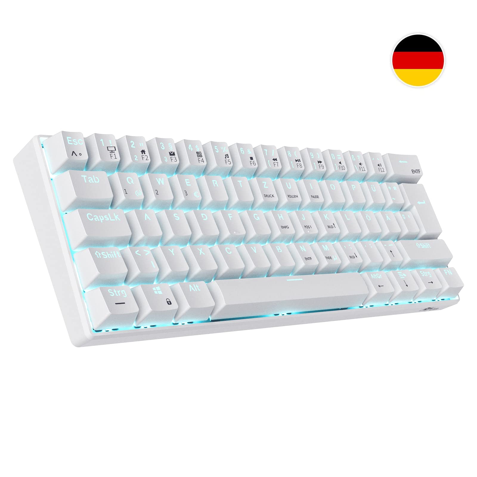 RK ROYAL KLUDGE RK61-DE 60% Wireless Mechanical Gaming Keyboard - Bluetooth/2.4GHz/USB-C Wired, Hot-Swappable Brown Switches, 61 Keys, White, QWERTZ Layout for Windows/Mac - Perfect for Gaming, Office Work & Programming