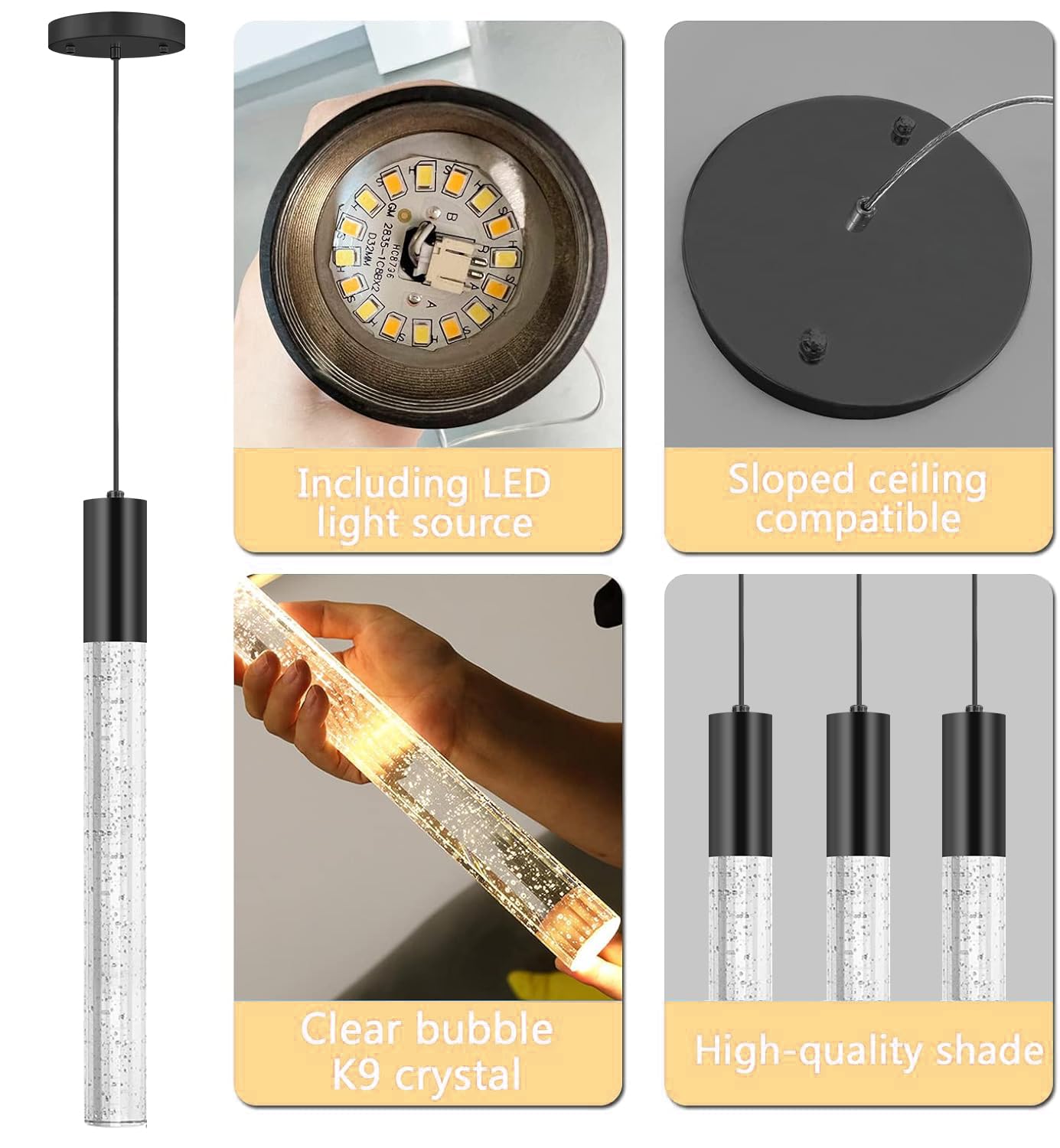 3 Pack Modern Black Dimmable LED Pendant Lights for Kitchen Island, Dining Room & Bedroom - Adjustable Hanging Lighting Fixtures for Home Decor