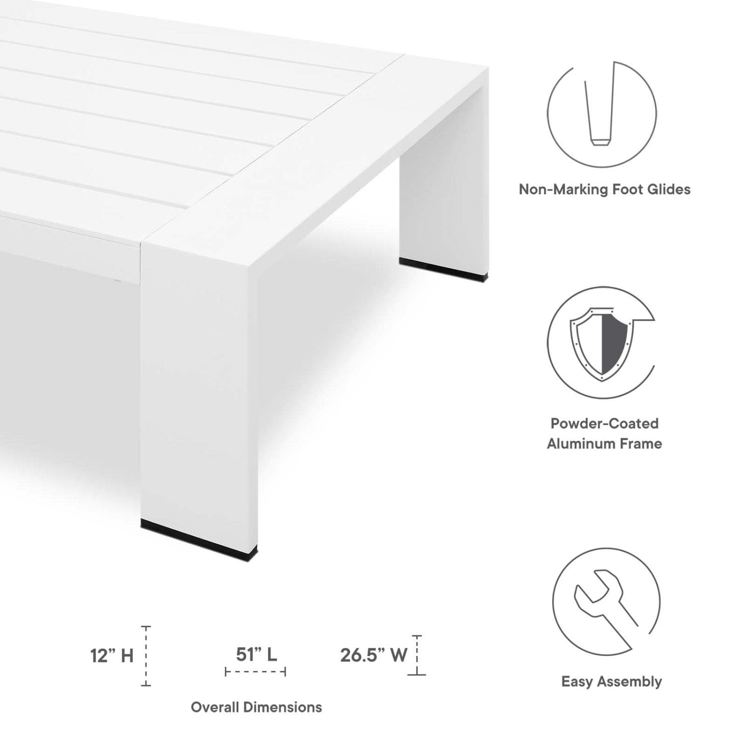 Modway Tahoe Patio Aluminum Coffee Table with White Finish - Outdoor Furniture for Poolside, Garden & Backyard - EEI-5677-WHI