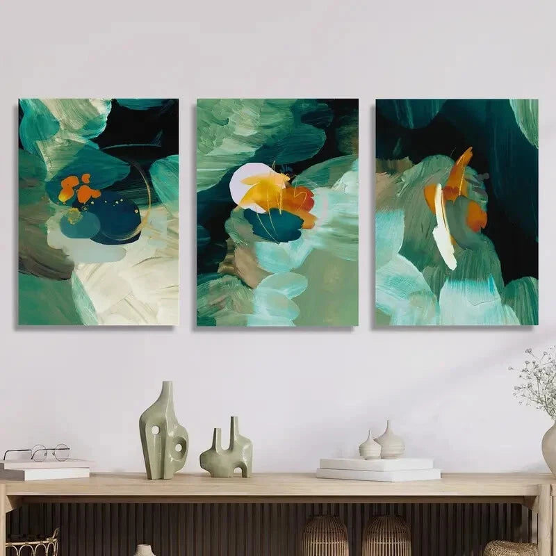 3-Piece Abstract Green Metal Wall Art Prints - Ready to Hang Modern Home Decor for Living Room, Bedroom & Office