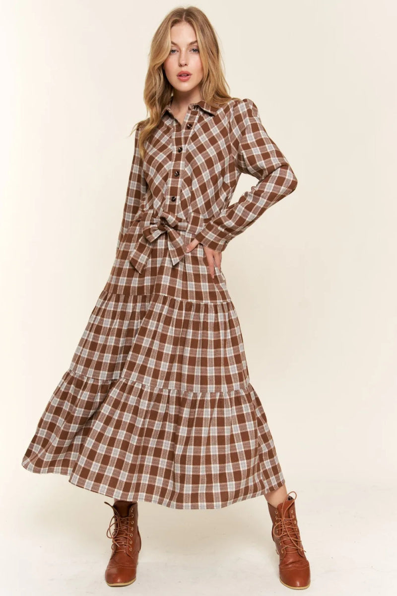Stylish Plaid Tiered Midi Shirt Dress for Women - Perfect for Office, Date Night & Casual Outings