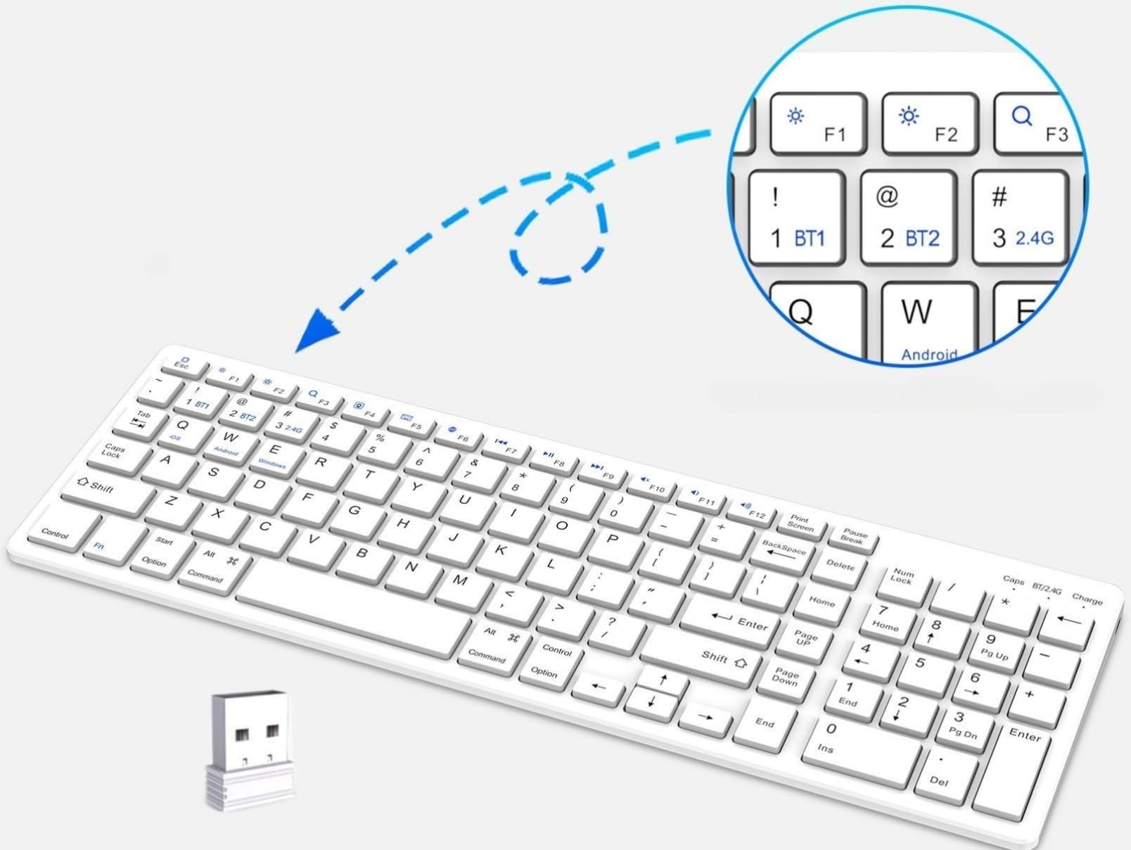 Wireless Bluetooth Keyboard with Number Pad - Full-Size Quiet Computer Keyboard for iPad 10.2 (9th/8th/7th Gen), iPad Air 5th/4th Gen, iPad Pro 11/12.9, iPad 10.5/9.7 & iPad Mini - 2.4G Wireless & Bluetooth Dual Mode - White | Perfect for Office, Home & Travel Use