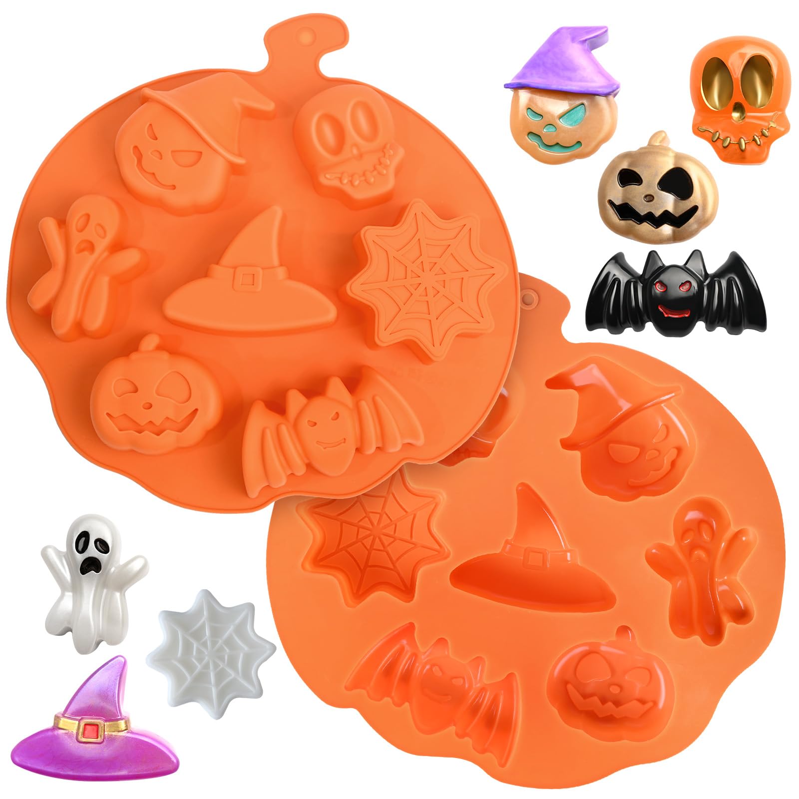 (2 Pack) Halloween Silicone Molds - Pumpkin, Bat, Skull & Ghost Shapes for DIY Soap, Candle, Chocolate, Jelly & Fondant - Non-Stick Baking Molds for Spooky Treats & Party Decorations