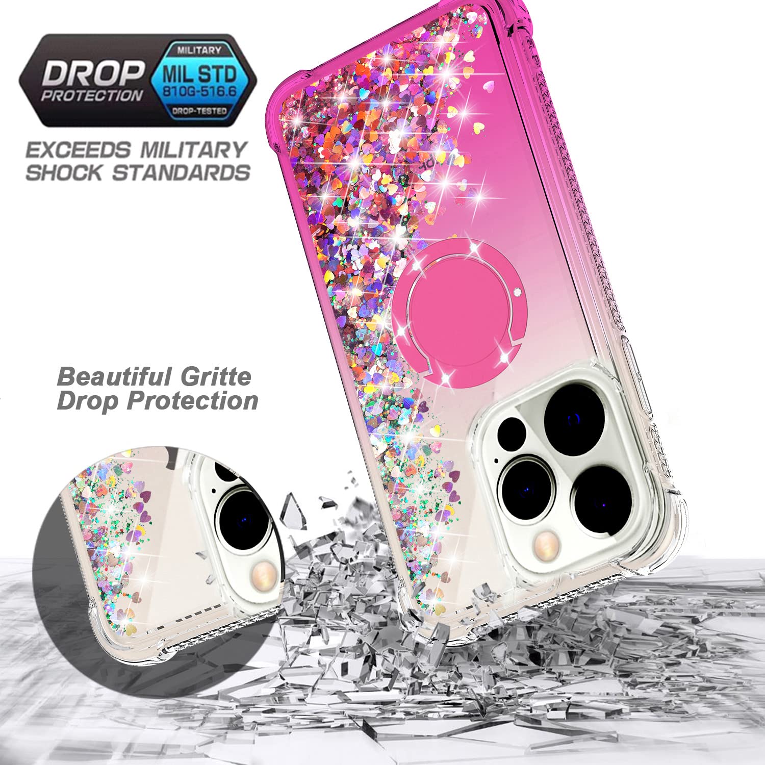 Sparkling Liquid Glitter Phone Case for iPhone 13 Pro Max (6.7 inch) - Rose Gold Floating Waterfall Design with Rotating Ring Kickstand | Durable TPU Protection | Perfect for Parties, Travel & Everyday Use
