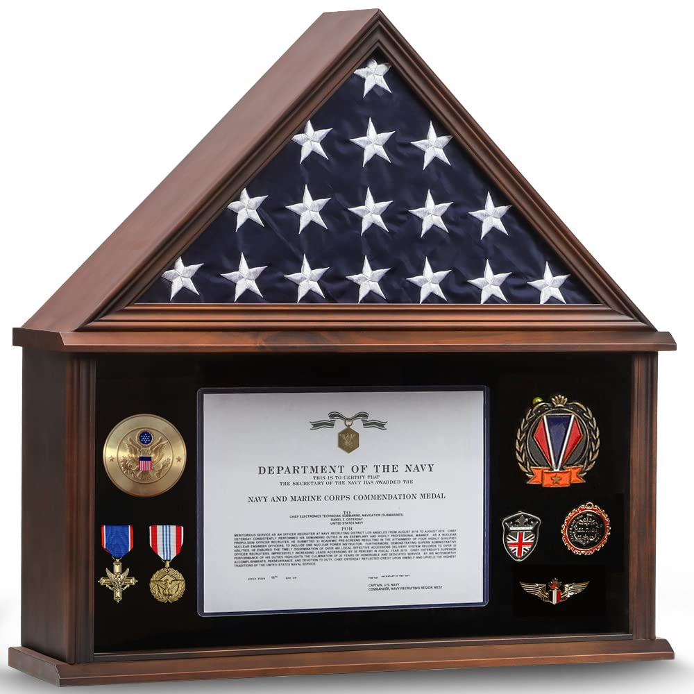 Zmiky Large American Flag Display Case - Solid Wood Military Shadow Box for 5x9.5 Folded Burial Flag with Certificate Holder (Walnut Finish) - Perfect for Veterans, Memorials & Patriotic Home Decor