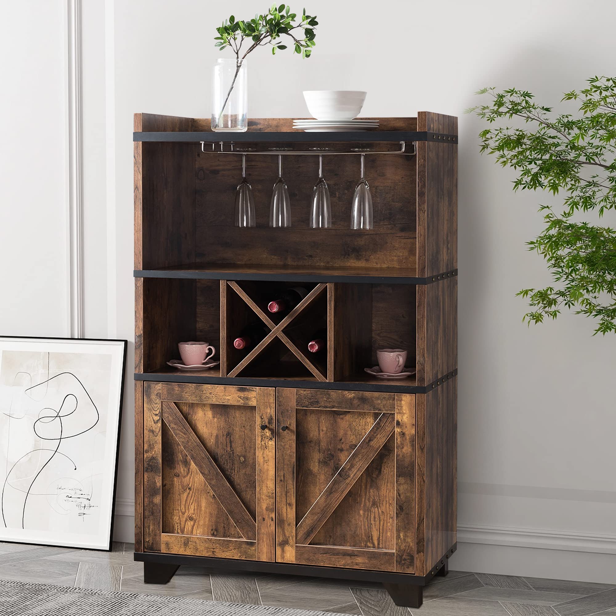 PayLessHere Solid Oak Home Bar Cabinet with Removable Wine Rack & 2 Open Shelves - Perfect for Kitchen, Dining Room or Lounge Storage