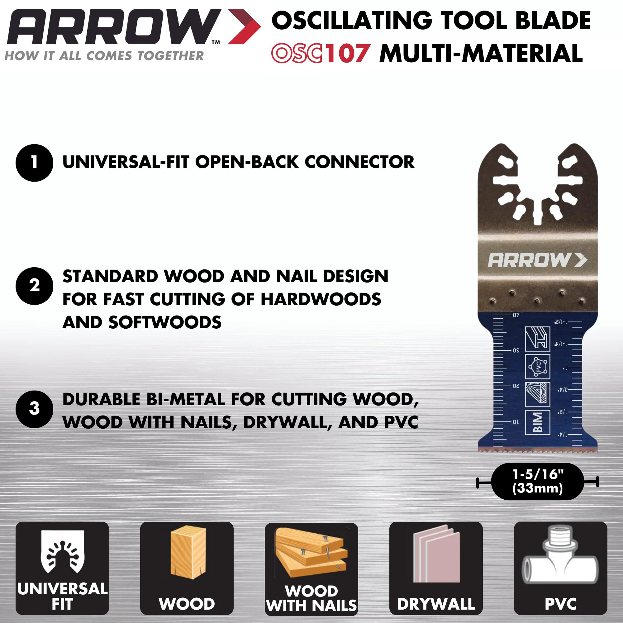 Arrow OSC101VP-3 Multi-Material Oscillating Tool Blades - 3-Pack for Cutting Copper Pipe, Wood, PVC, Drywall - Universal Fit for Most Oscillating Multi-Tools (1 ¼