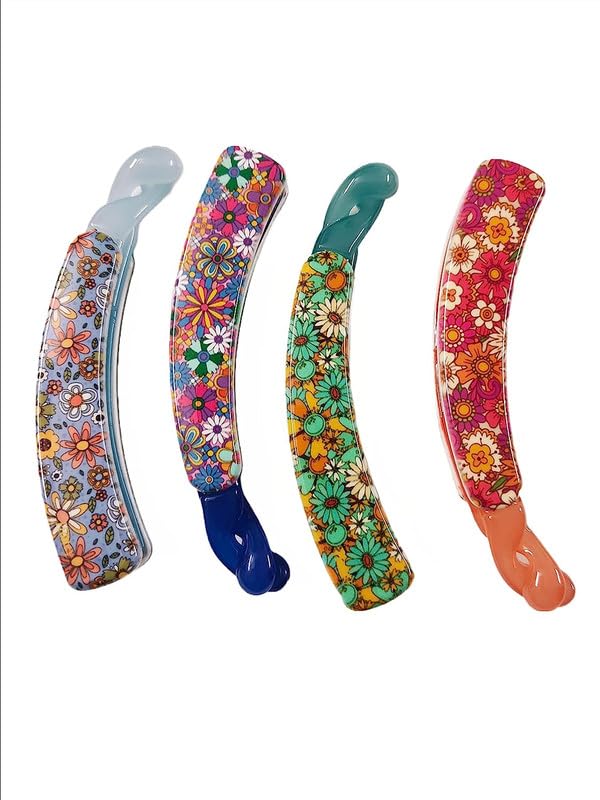Chronex 4-Pack Floral Print Banana Hair Clips - Classic Clincher Comb & Twist Clip for Women & Girls - Perfect for School, Work, Parties & Everyday Hairstyles